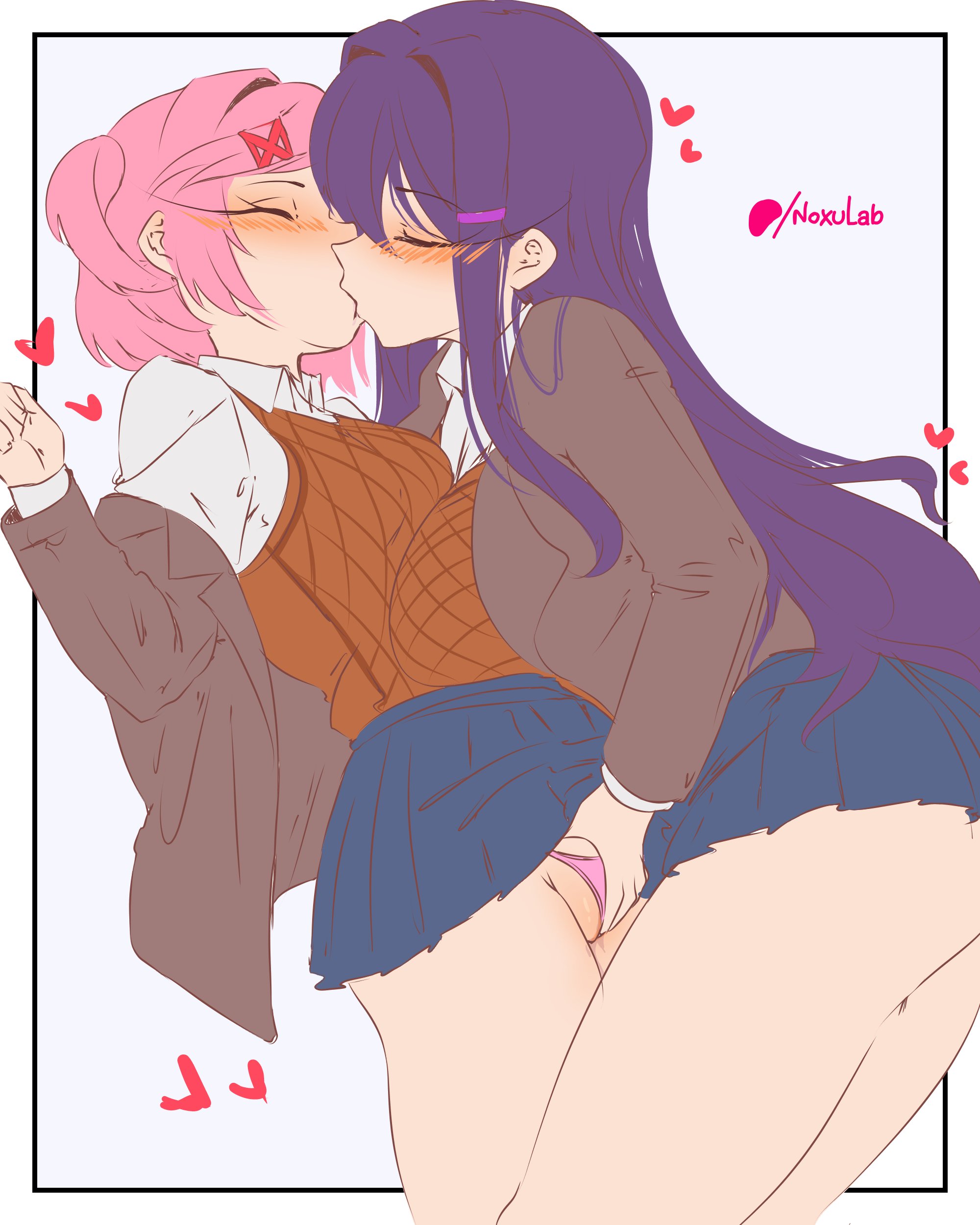 2girls, arte mitzuki, artemitzuki (artist), blush, closed eyes, doki doki literature club, eyes closed, female, female focus, female only, female/female, fingering, fingering partner, fingering pussy, hearts, hearts around head, kissing, lesbian, lesbian kiss, long hair, multiple girls, natsuki (doki doki literature club), pink hair, pink-haired female, purple hair, purple-haired female, school uniform, yuri, yuri (doki doki literature club)