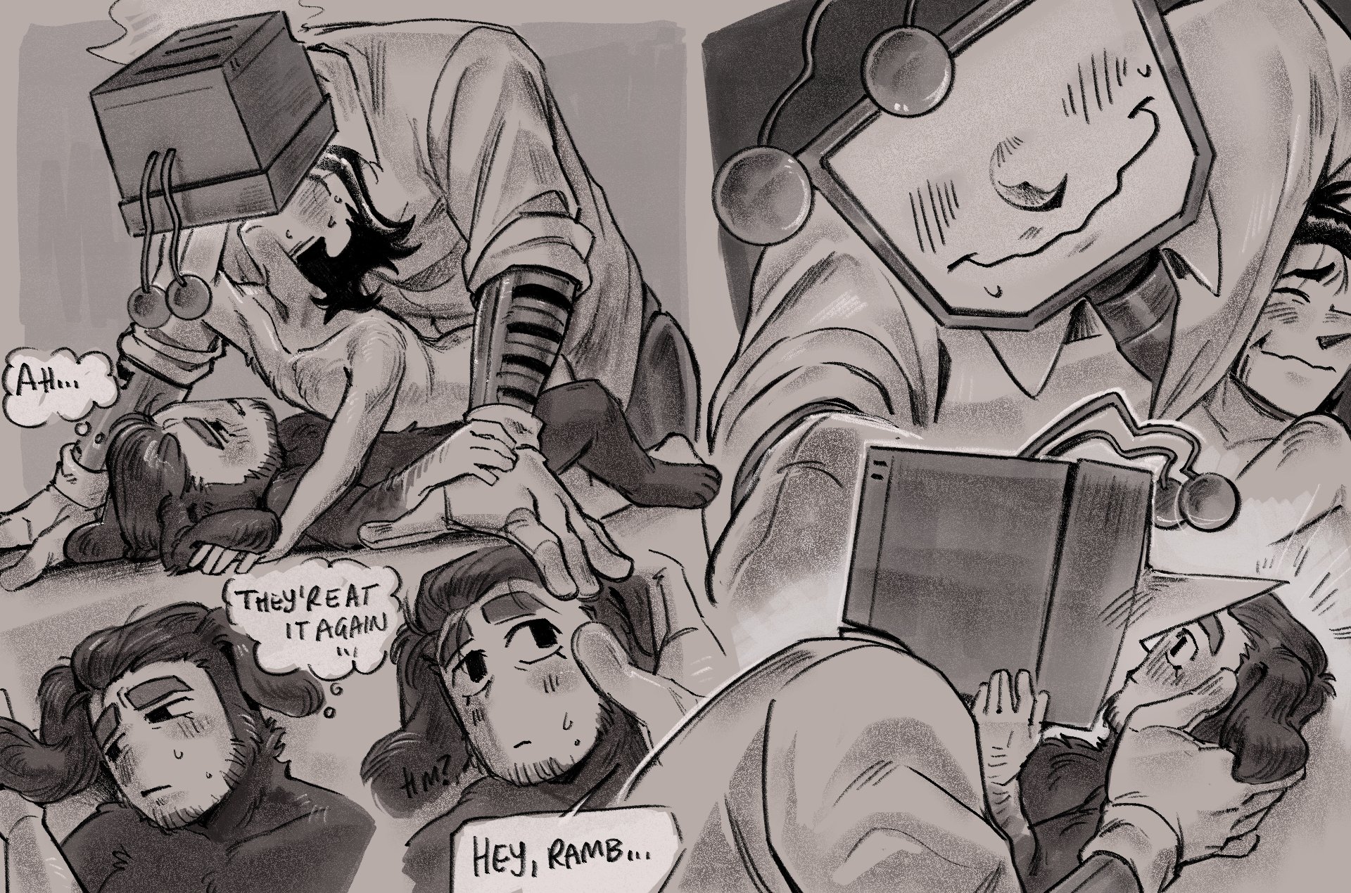 after sex, comic, comic page, deltarune, deltarune chapter 3, english dialogue, english text, gay, kissing, moossin4, ramb (deltarune), spamton g spamton, tenna (deltarune), threesome, yaoi