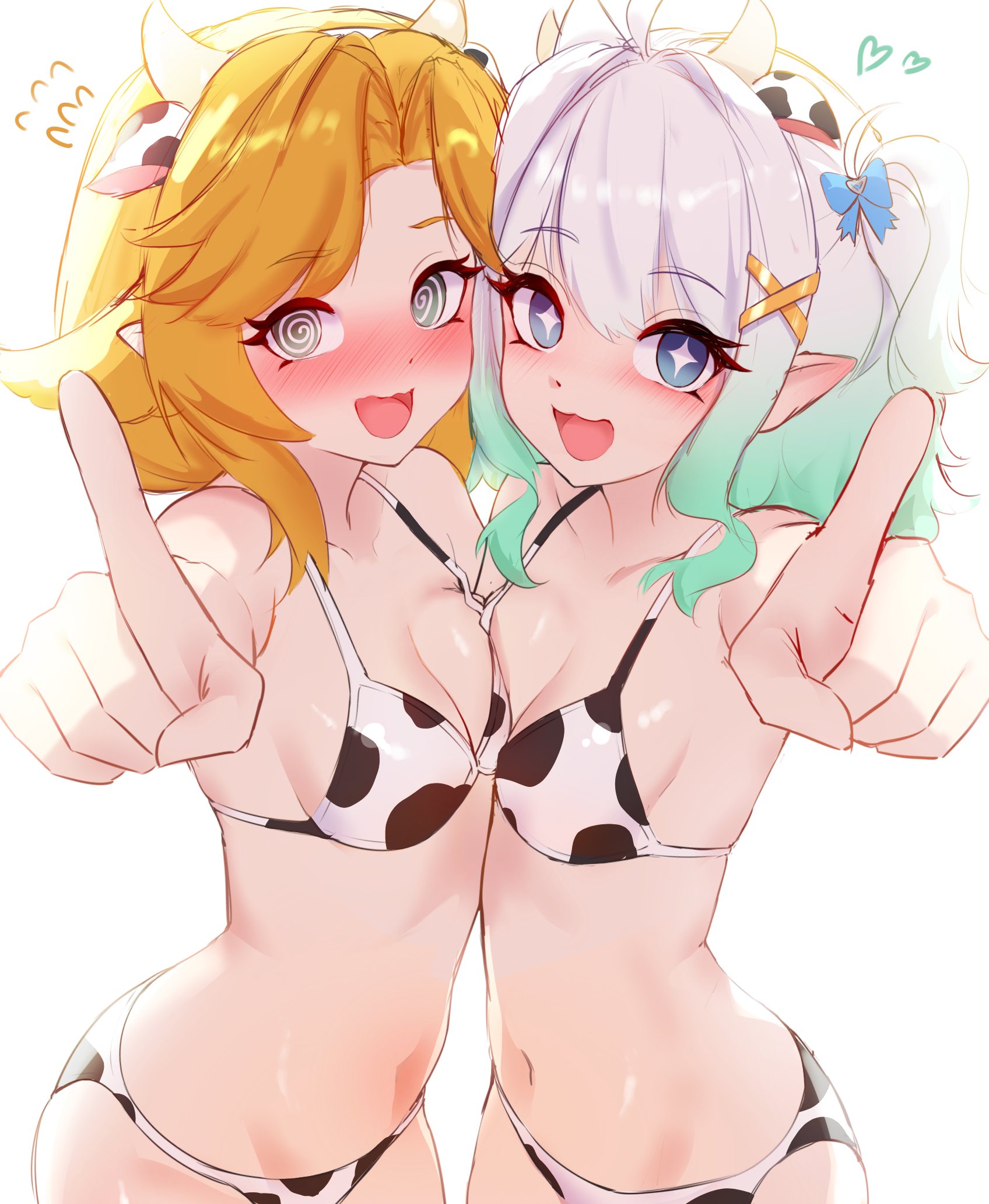 2girls, animal ears, animal print, backlighting, bikini, blonde hair, blue eyes, blush, bow, breasts, cgator, cleavage, clothed, commentary, cow ears, cow horns, cow print, cow print bikini, densetsu.exe, dokibird, dokibird (beach episode), english commentary, female, foreshortening, gradient hair, green eyes, grey hair, hair bow, hair ornament, hi res, horns, indie virtual youtuber, looking at viewer, medium hair, mint fantome, multicolored hair, multiple girls, navel, open mouth, pointing, pointing at viewer, pointy ears, print bikini, small breasts, sparkling eyes, star-shaped pupils, swimsuit, swirly eyes, thin waist, triangular headpiece, virtual youtuber, vtuber, white background, white hair, x hair ornament