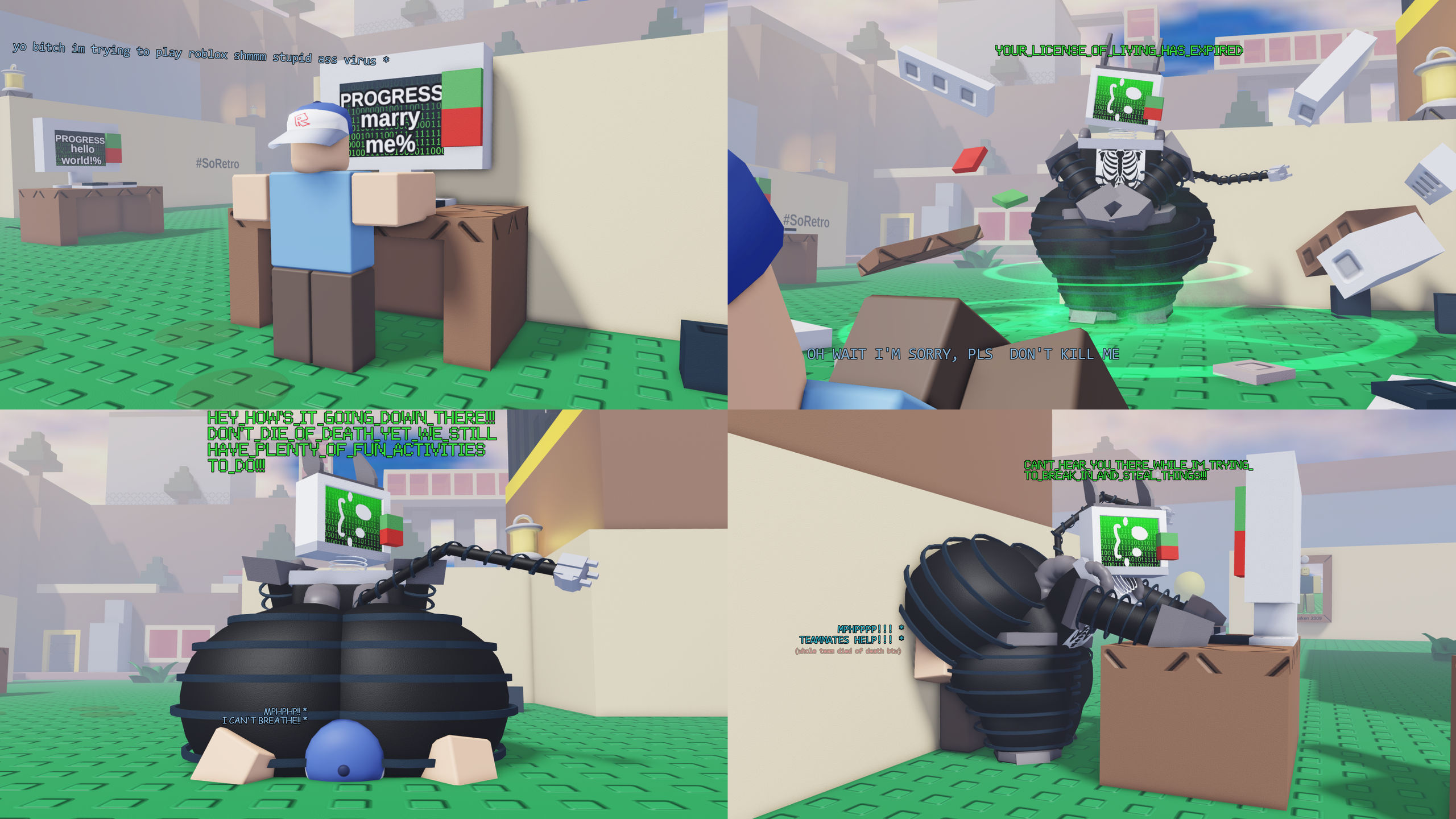 1boy, 1boy1girl, 1girls, 3d, against wall, ass, badware (die of death), big ass, civilian (die of death), deviantart, die of death (roblox), english text, facesitting, female, flat chest, male, outdoors, roblox, roblox game, robloxian, robot, tagme, tagme (artist), taunt (die of death), text, thick thighs, thighs