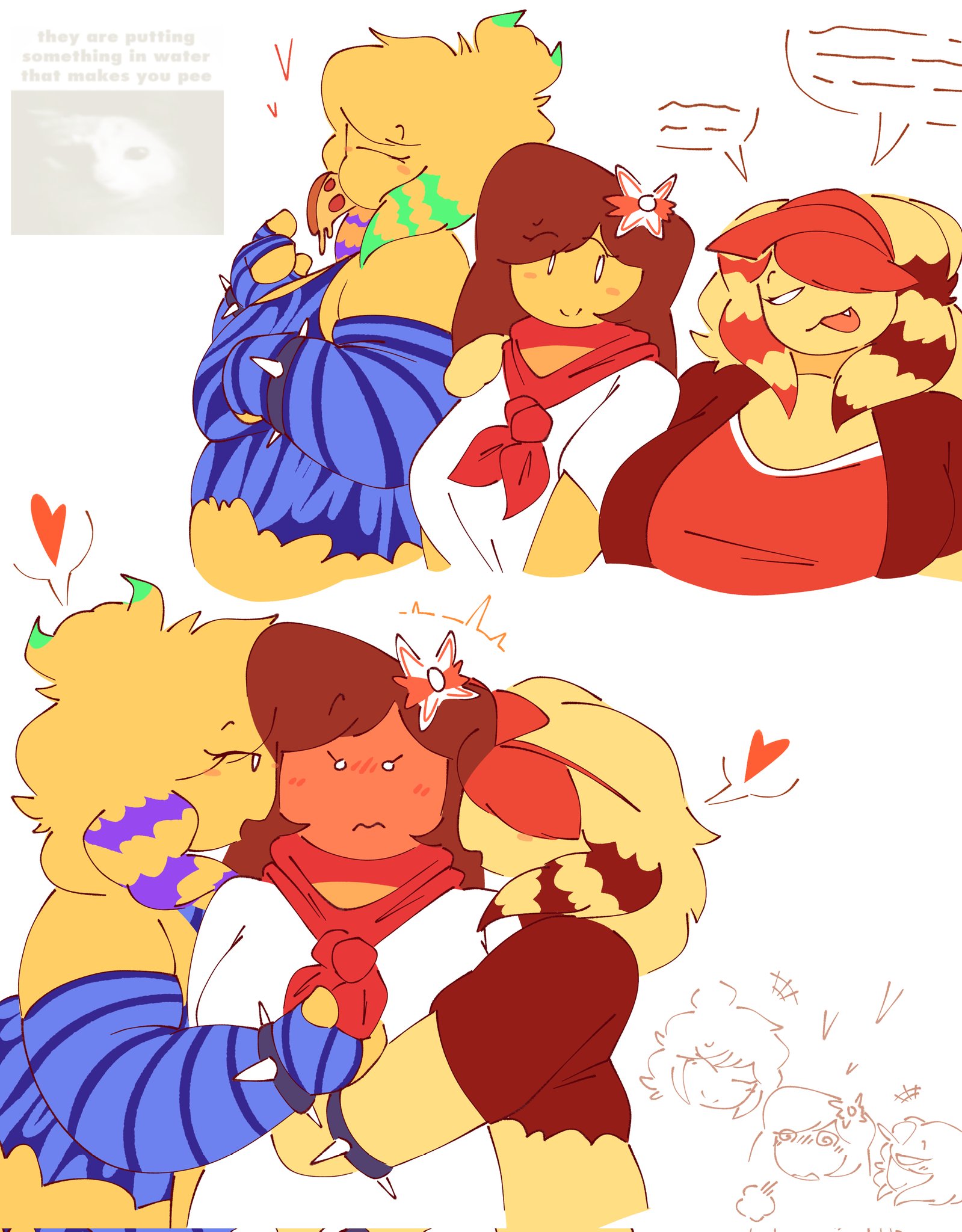 baker (forsaken), blush, blushing, eating pizza, elliot (forsaken), floating headgear, forsaken (roblox), hearts, holding hand grip, red face, roblox, roblox game, robloxian, scene hair, scene noob, scenecore elliot, shocked, speech bubbles, spike bracelet, text, text bubble, women, women only, yuri, zavie (forsaken)