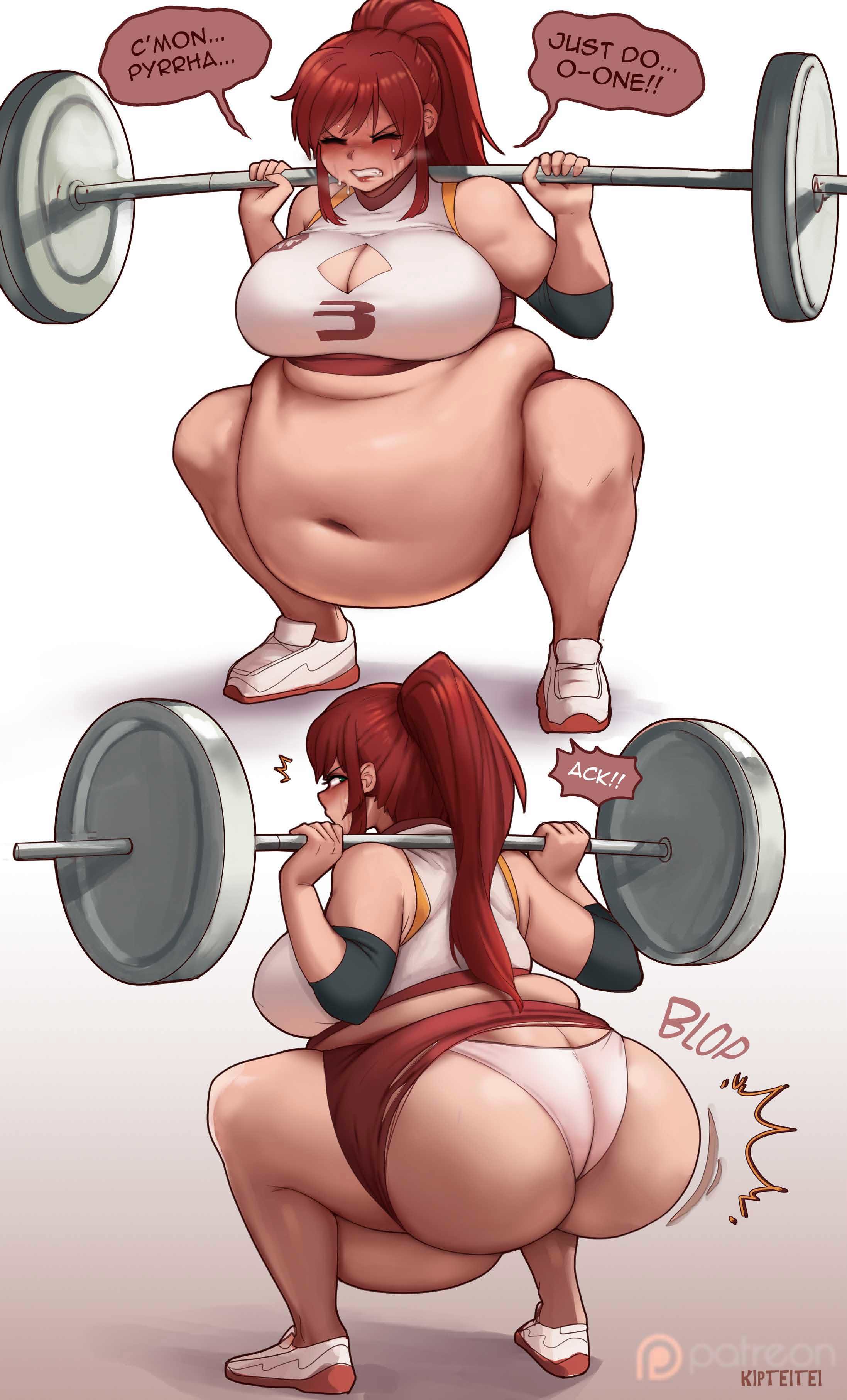 back view, barbell, barbell squats, bbw, belly, belly button, big ass, big belly, big breasts, big thighs, blush, cleavage, exercise, exercise clothing, fat, fat belly, fat female, front view, huge ass, huge belly, kipteitei, looking back, massive belly, morbidly obese, obese, obese female, overweight, overweight female, panties, ponytail, pyrrha nikos, red hair, ripped clothes, ripped clothing, ripped pants, rwby, squat, squatting, ssbbw, struggling, sweat, text, tied hair, torn clothes, torn clothing, torn pants, visible underwear, working out