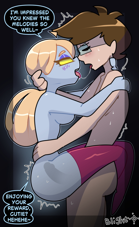 1boy, 1girls, after kiss, arms around partner, birthday art, birthday gift, blightstar, blonde hair, blush, breasts, brown hair, closed eyes, dialogue, duo, english text, female, ghost, ghost girl, gift art, glasses, half-closed eyes, human, legs around partner, light skin, light-skinned male, long hair, luigi's mansion, male, melody pianissima, nintendo, nude, nude female, nude male, saliva trail, self insert, speech bubble, stand and carry position, standing, tagme, text, thighhighs, yellow eyes