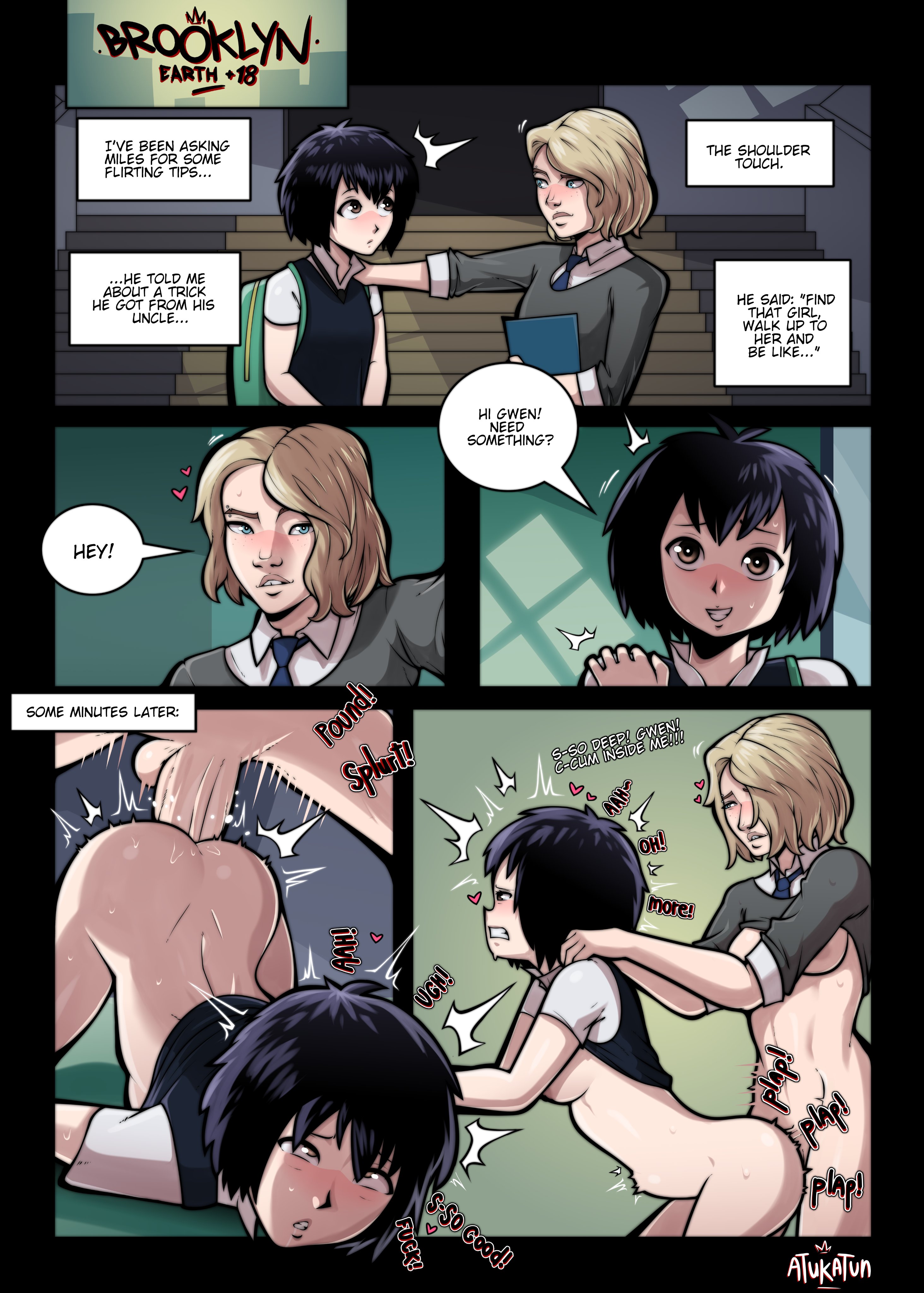 1futa, 1girls, ass, atukatun, black hair, blonde hair, blush, clothing, comic, dialogue, female, from behind, futa on female, futanari, gritted teeth, gwen stacy, human, intersex, marvel, pale skin, peni parker, peni parker (earth-14512), spider-man (series), spider-man: into the spider-verse, text
