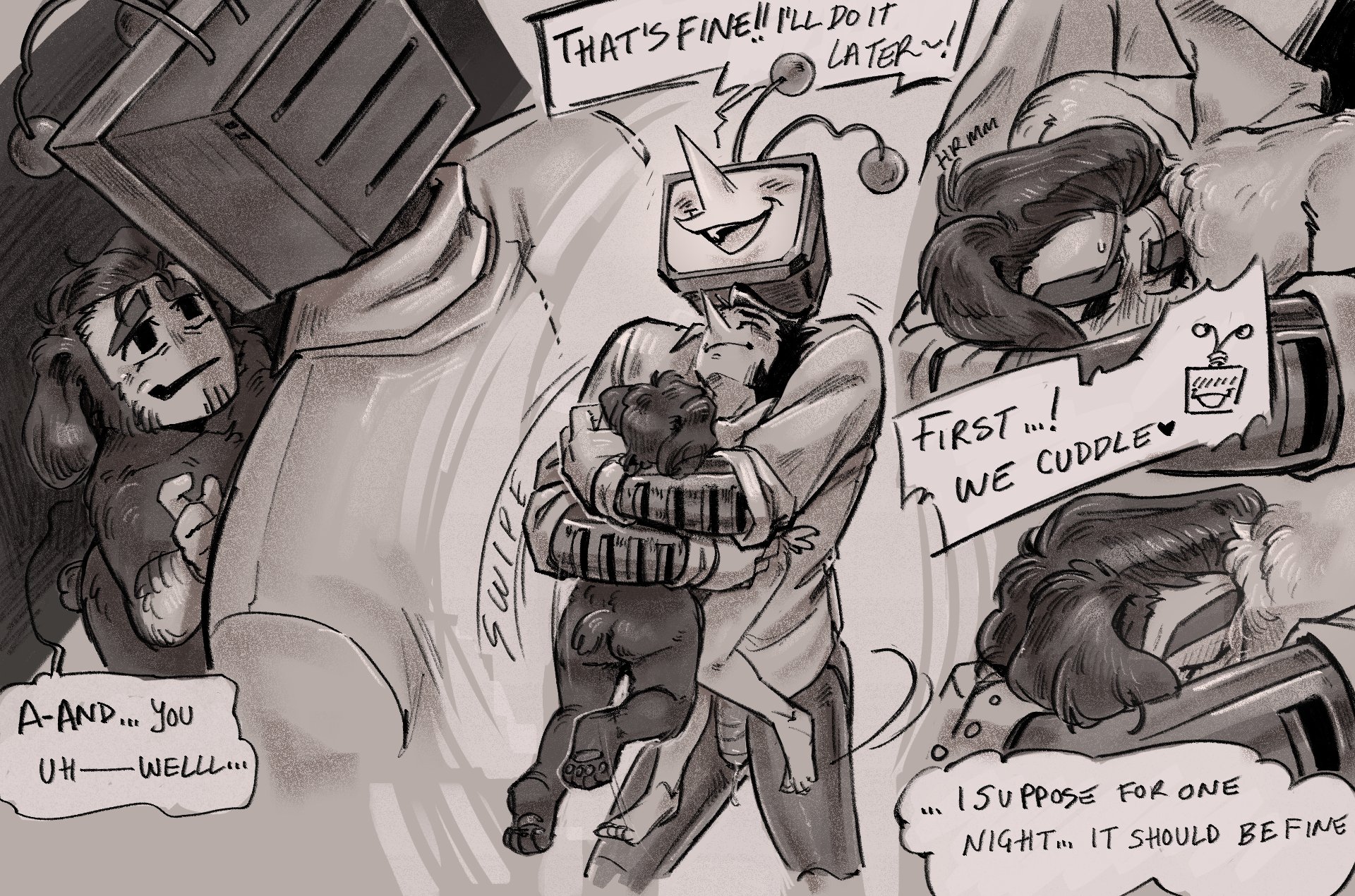 after sex, bottomless, comic, comic page, deltarune, deltarune chapter 3, english dialogue, english text, gay, hug, moossin4, naked, ramb (deltarune), spamton g spamton, tenna (deltarune), threesome, wholesome, yaoi