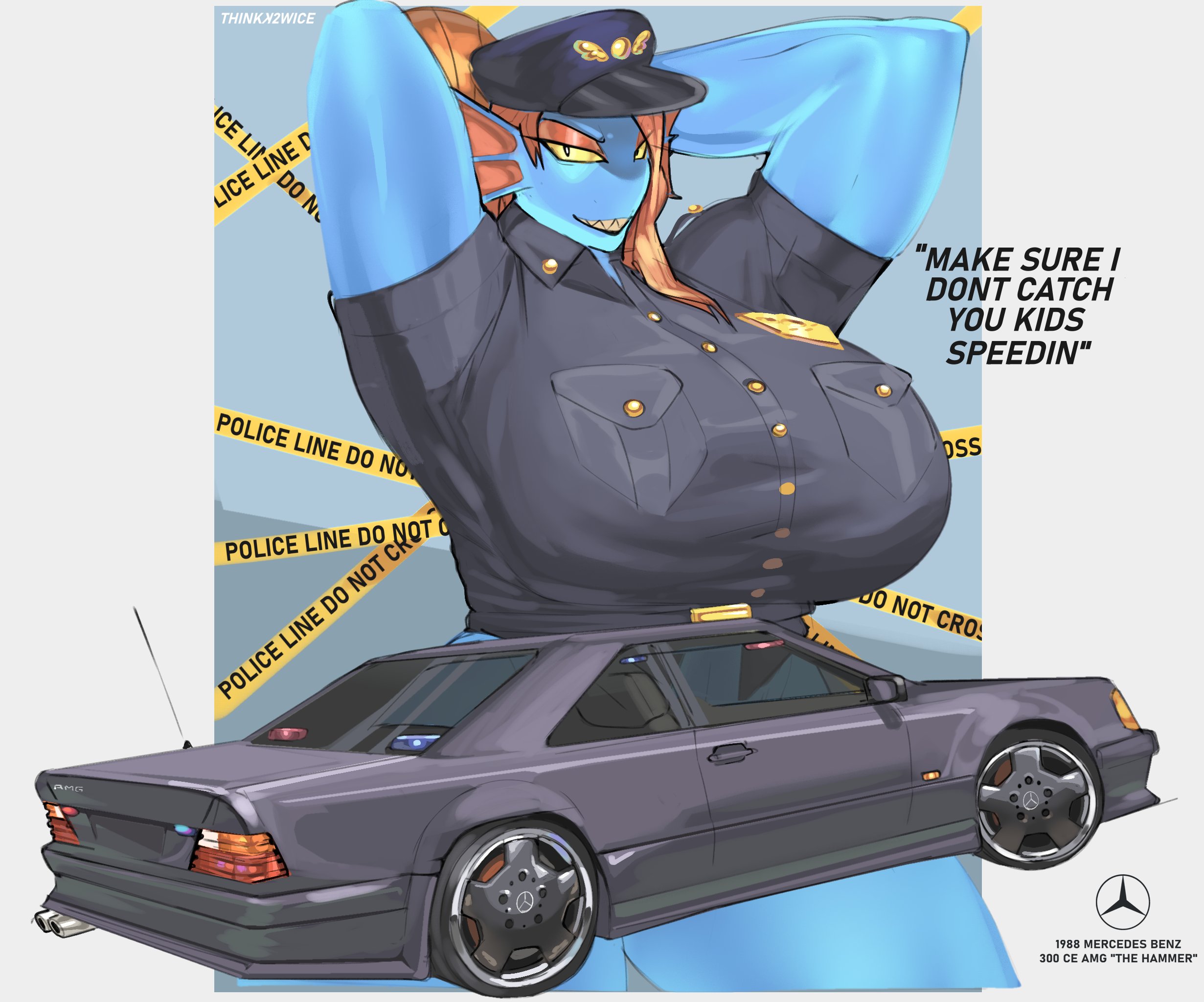 1girls, background, clothed, clothed female, cop, deltarune, mercedes-benz, pinup, pinup pose, police, police uniform, policewoman, quattrant, solo, thick thighs, undertale, undertale (series), undyne, undyne (deltarune), voluptuous, voluptuous female