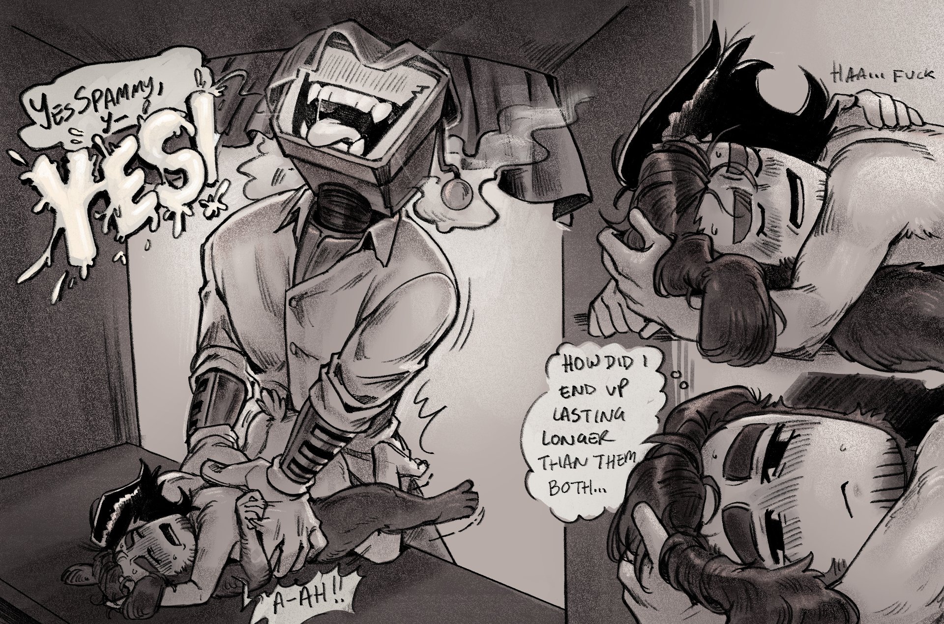 comic, comic page, deltarune, deltarune chapter 3, english dialogue, english text, frotting, gay, group, group sex, lying on another, moossin4, orgasm, orgasm face, ramb (deltarune), spamton g spamton, tenna (deltarune), threesome, yaoi