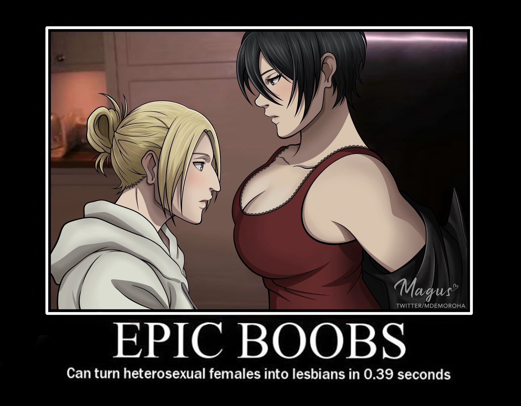 2girls, annie leonhardt, attack on titan, big breasts, black hair, black-haired female, blonde, blonde female, blonde-haired female, boobs, breasts, cleavage, female, female only, female/female, mikannie, mikasa ackerman, shingeki no kyojin, wasian, wasian girl, yuri