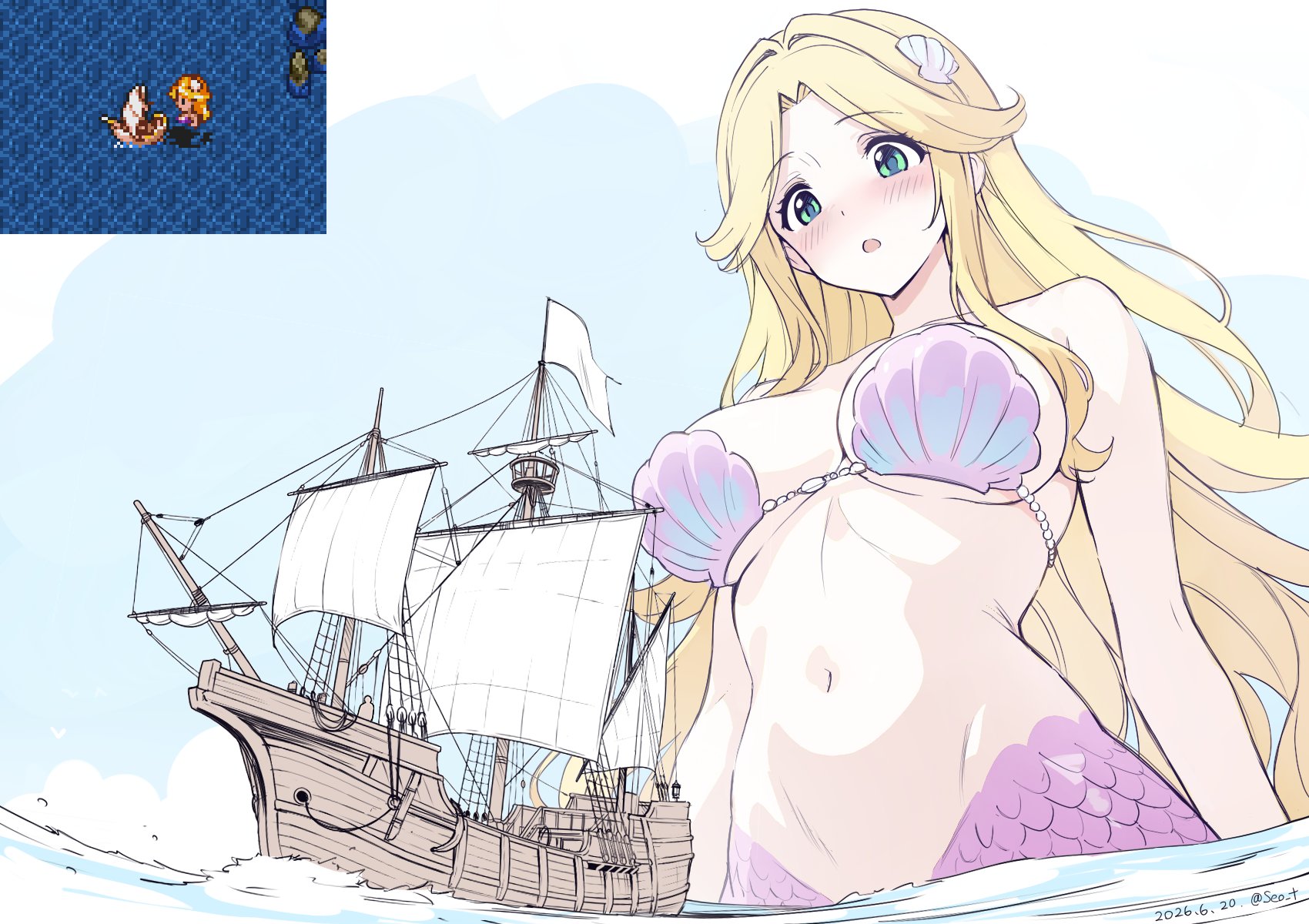 2026, blonde hair, blush, character request, dragon quest, dragon quest vi, giantess, mermaid, seashell bra, seo tatsuya, ship, tagme