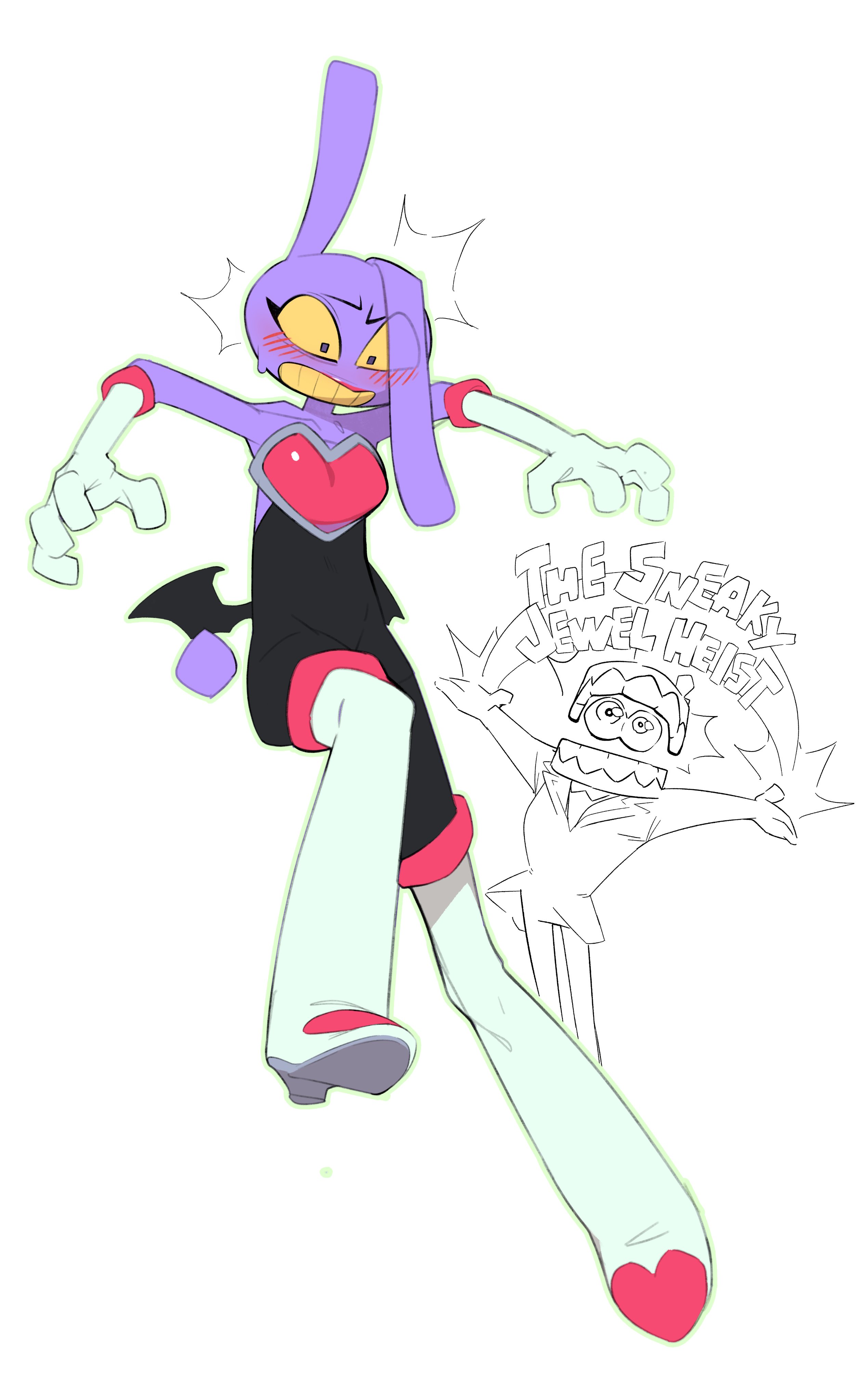 1girl, 4 fingers, absurd res, anthro, blush, caine (the amazing digital circus), combos-n-doodles, cosplay, embarrassed, english text, glitch productions, jax (the amazing digital circus), leporid, rabbit, red lipstick, rouge the bat (cosplay), sega, small wings, solo, sonic (series), sonic the hedgehog (series), teeth clenched, text, the amazing digital circus, trans woman, trans woman (lore), white background, wings, yellow eyes