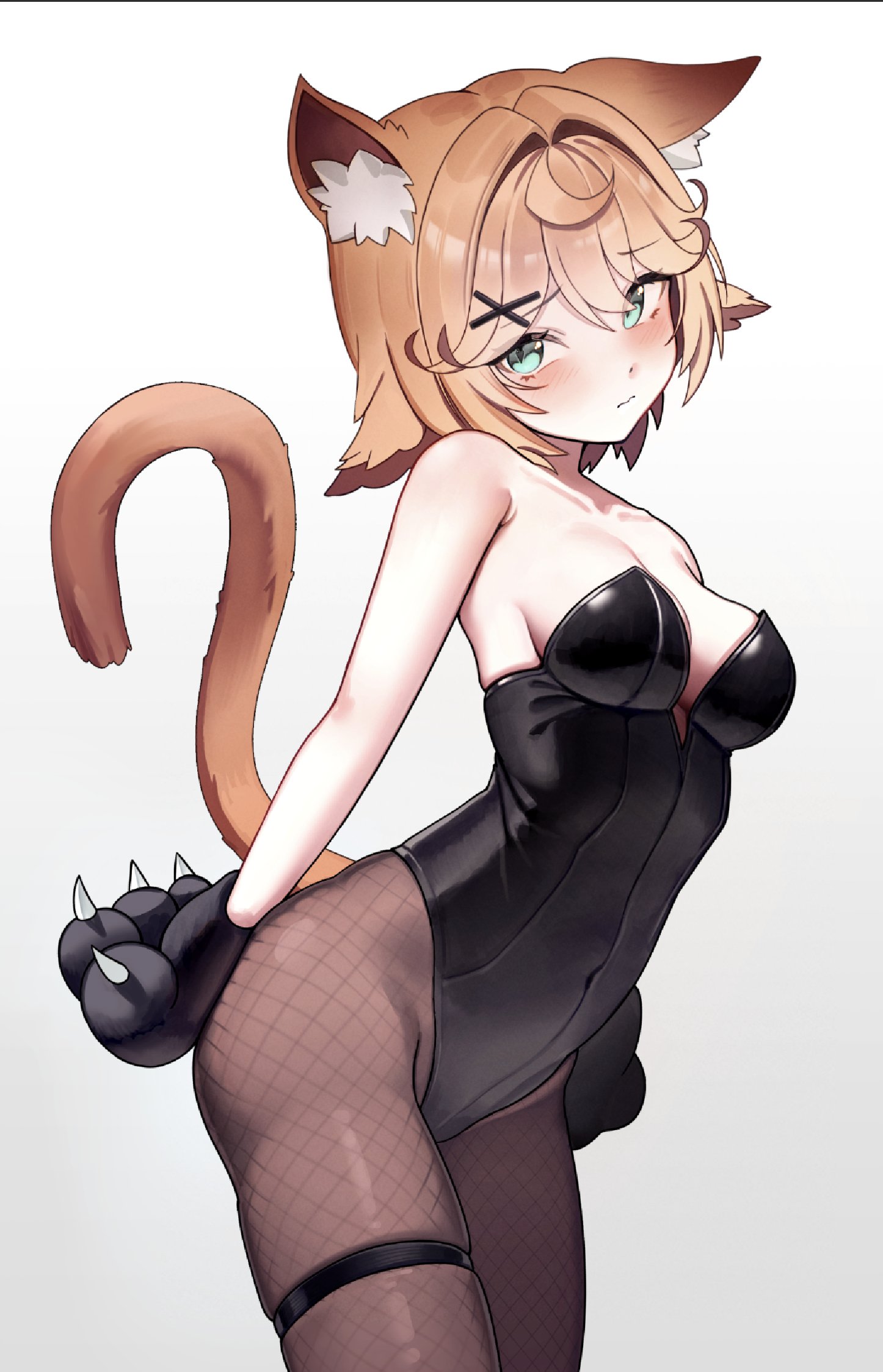 1girl, 1girls, animal ears, animal hands, arched back, bare shoulders, black leotard, blonde hair, blush, breasts, cat ears, cat tail, cleavage, closed mouth, commentary, dokibird, dokibird (dokitty), embarrassed, feather hair, female, fishnet pantyhose, fishnets, gabigangx, gloves, gradient background, green eyes, hair intakes, hair ornament, hi res, indie virtual youtuber, leotard, looking at viewer, pantyhose, paw gloves, playboy bunny, short hair, small breasts, solo, tail, thigh strap, thighs, virtual youtuber, vtuber, white background, x hair ornament