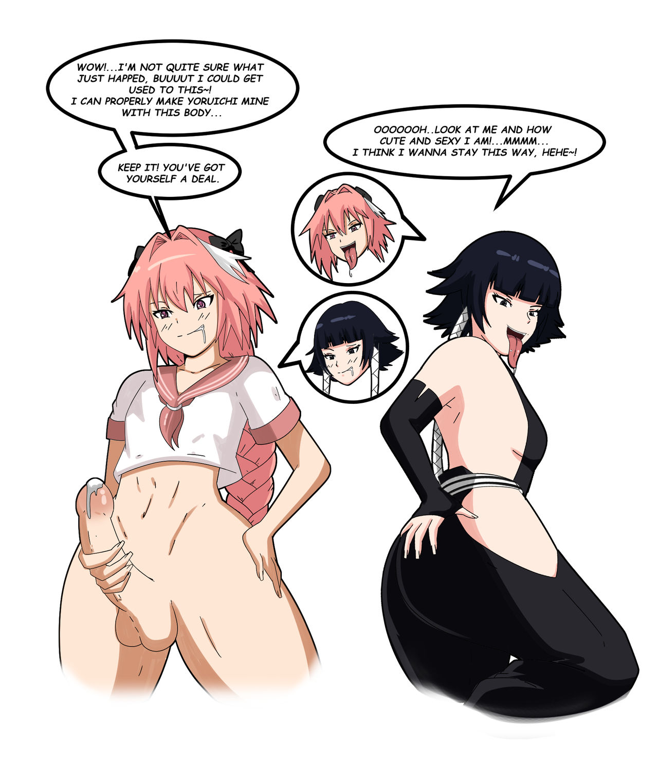 astolfo (fate), black hair, bleach, body swap, drooling, fate (series), fate/grand order, female, femboy, flat chest, huge ass, huge cock, hung femboy, masturbation, mrff25, petite, pink hair, saliva, smug, soifon, sui-feng, thick thighs, throbbing penis, tongue, tongue out