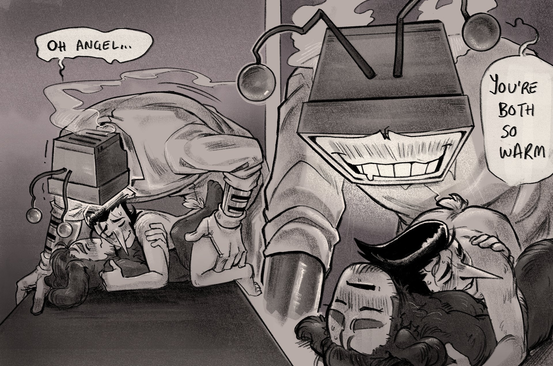 comic, comic page, deltarune, deltarune chapter 3, english dialogue, english text, frotting, gay, group, group sex, lying on another, moossin4, ramb (deltarune), spamton g spamton, tenna (deltarune), threesome, yaoi