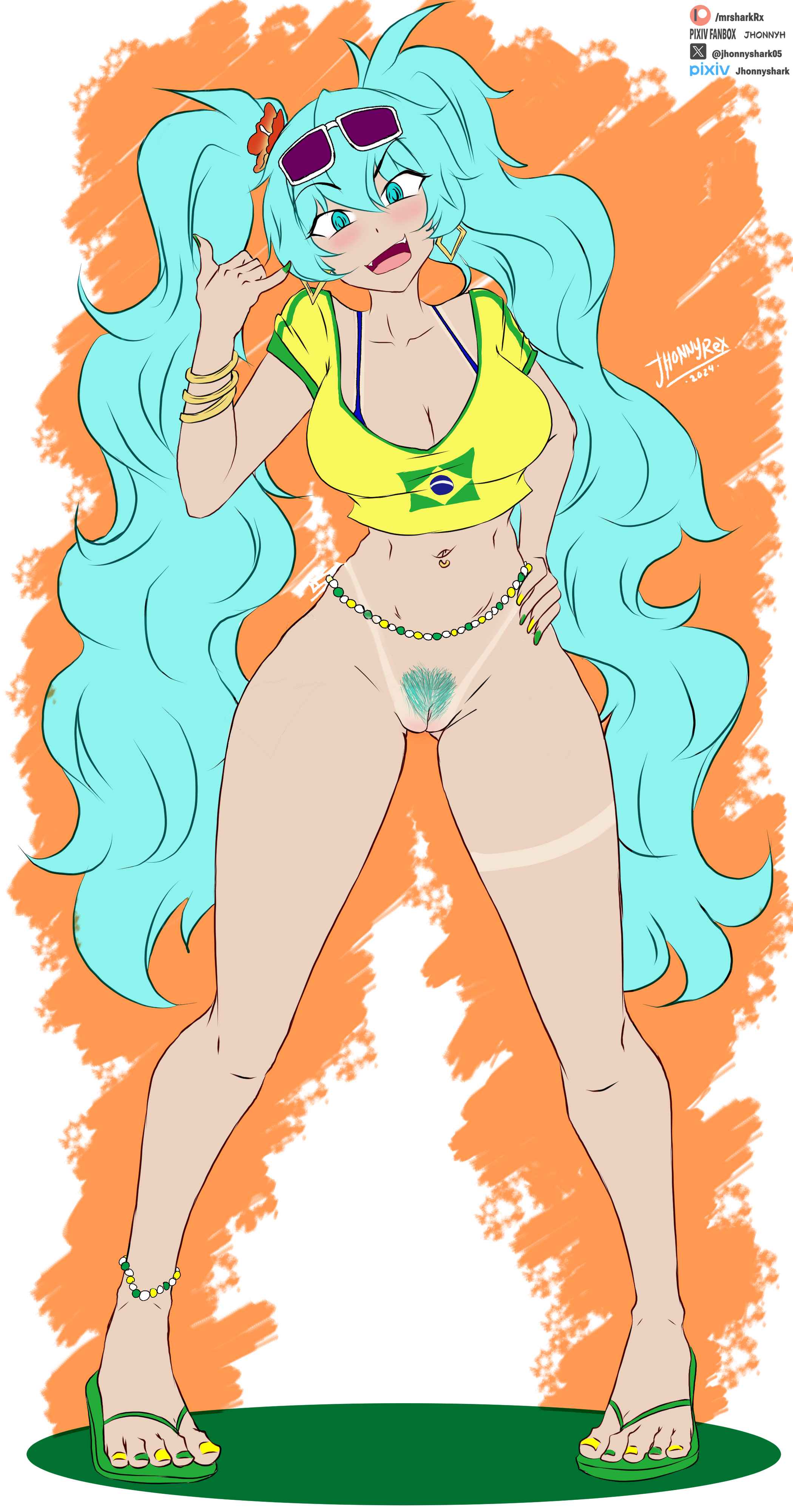 1girl, 1girls, aqua eyes, aqua hair, belly button, brazilian, brazilian flag, brazilian miku, breasts, digital media (artwork), exhibitionism, exposed pussy, fangs, feet, female only, genitals, hatsune miku, jhonnyrex, large breasts, looking at viewer, no panties, open mouth, oppai, patreon username, pubic hair, pussy, pussy peek, sandals, simple background, sunglasses, sunglasses on head, tan body, tanlines, thick thighs, twintails, vagina, vocaloid, waifu