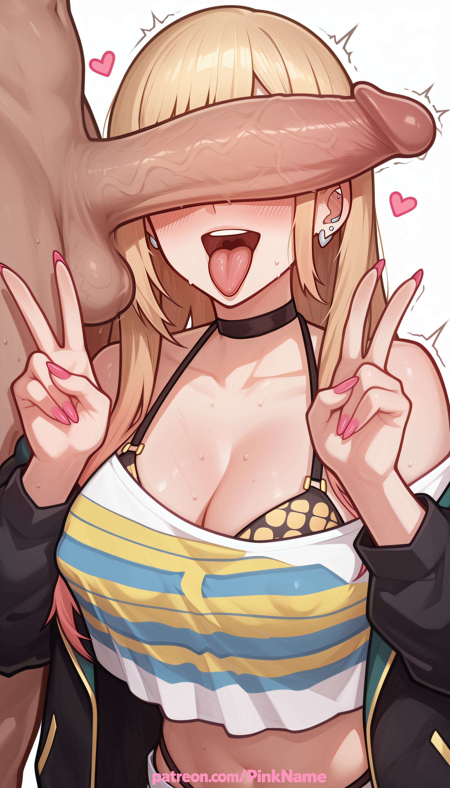 1boy, 1girl, 2026, ai generated, aqua nails, artist name, black jacket, black nails, blonde hair, blue nails, boobs, breasts, bust, chest, choker, cleavage, clothed female nude male, cock, dick, double v, earrings, erection, fingernails, head out of frame, heart, hetero, hi res, high quality, highres, huge penis, jacket, jewelry, kitagawa marin, large penis, long fingernails, long hair, multicolored nails, nail polish, off shoulder, patreon, patreon username, penis, penis awe, penis on face, pink nails, pinkname, precum, purple nails, red nails, sono bisque doll wa koi wo suru, testicles, tits, tongue, tongue out, trembling, twitching penis, uncensored, v, veiny penis, w, watermark, yellow nails