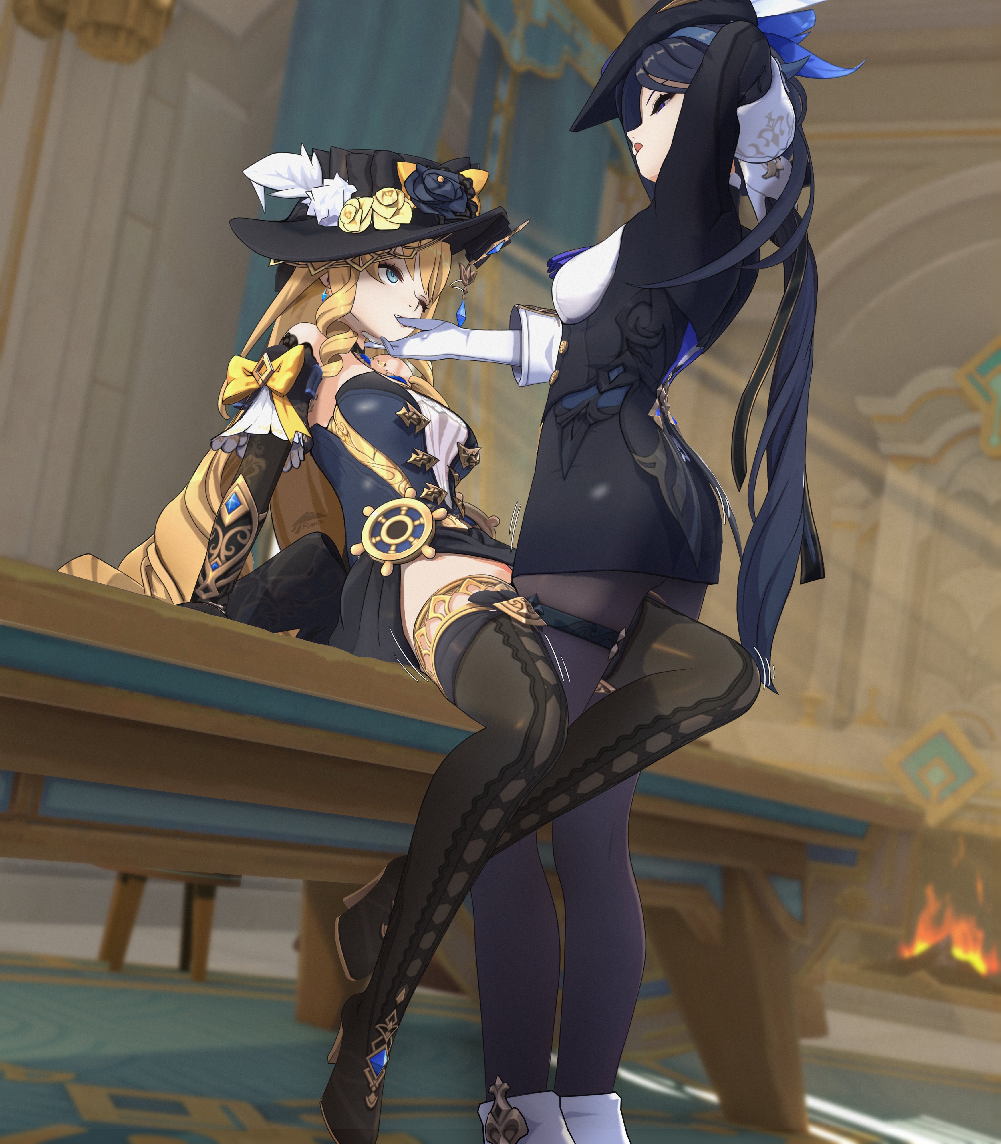 2girls, 3d, blonde hair, clorinde (genshin impact), dab neko, female only, female/female, genshin impact, grinding, hoyoverse, lesbian focus, long hair, mihoyo, navia (genshin impact), ringlets, roninsune, yuri