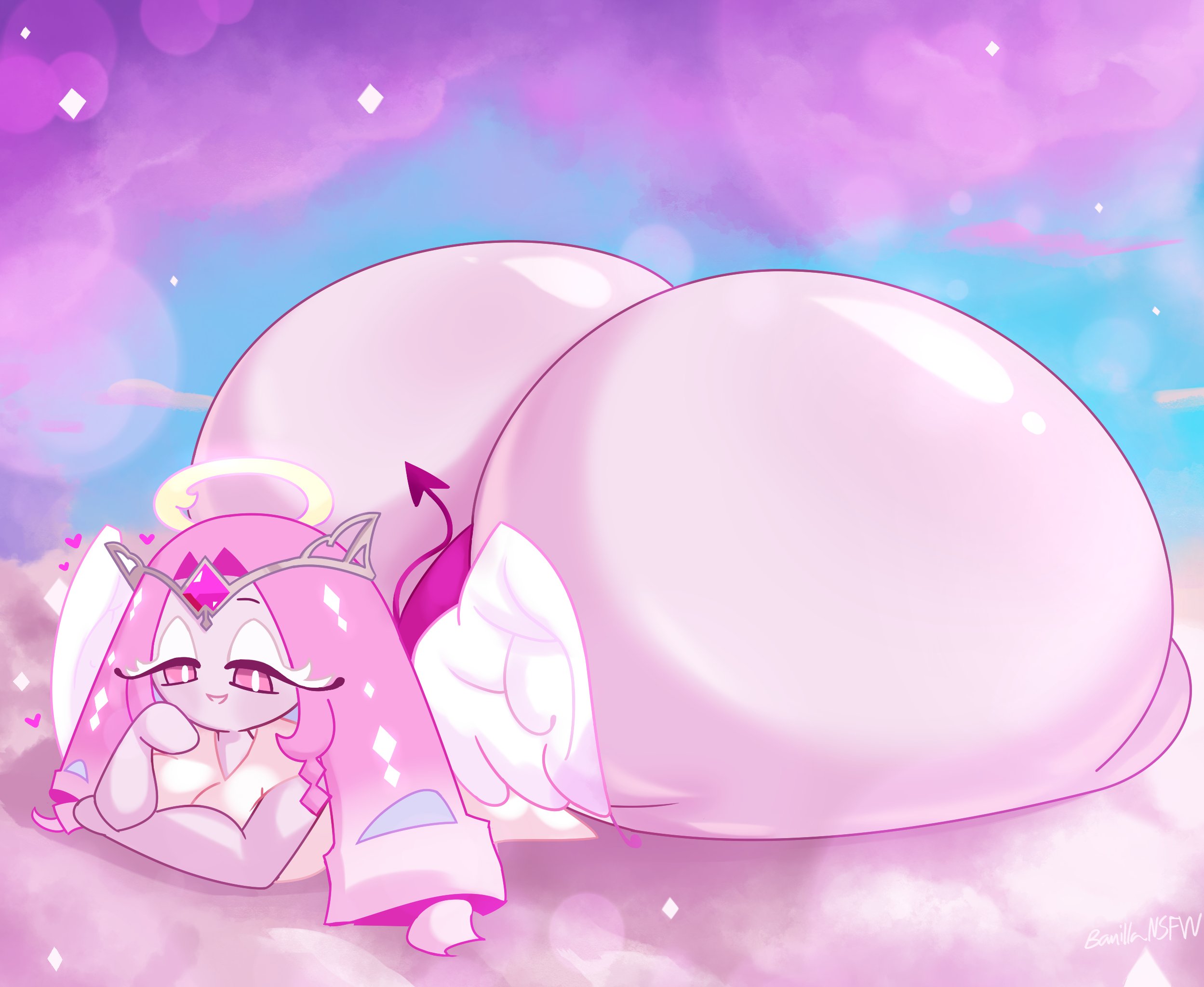 1girls, angel wings, artist name, artist signature, ass, ass bigger than head, banillansfw, big ass, bottomless, cookie run, cookie run kingdom, crown, demon tail, detailed background, eternal sugar cookie, female only, halo, hand on head, hearts around head, huge ass, hyper ass, laying down, laying on stomach, pink body