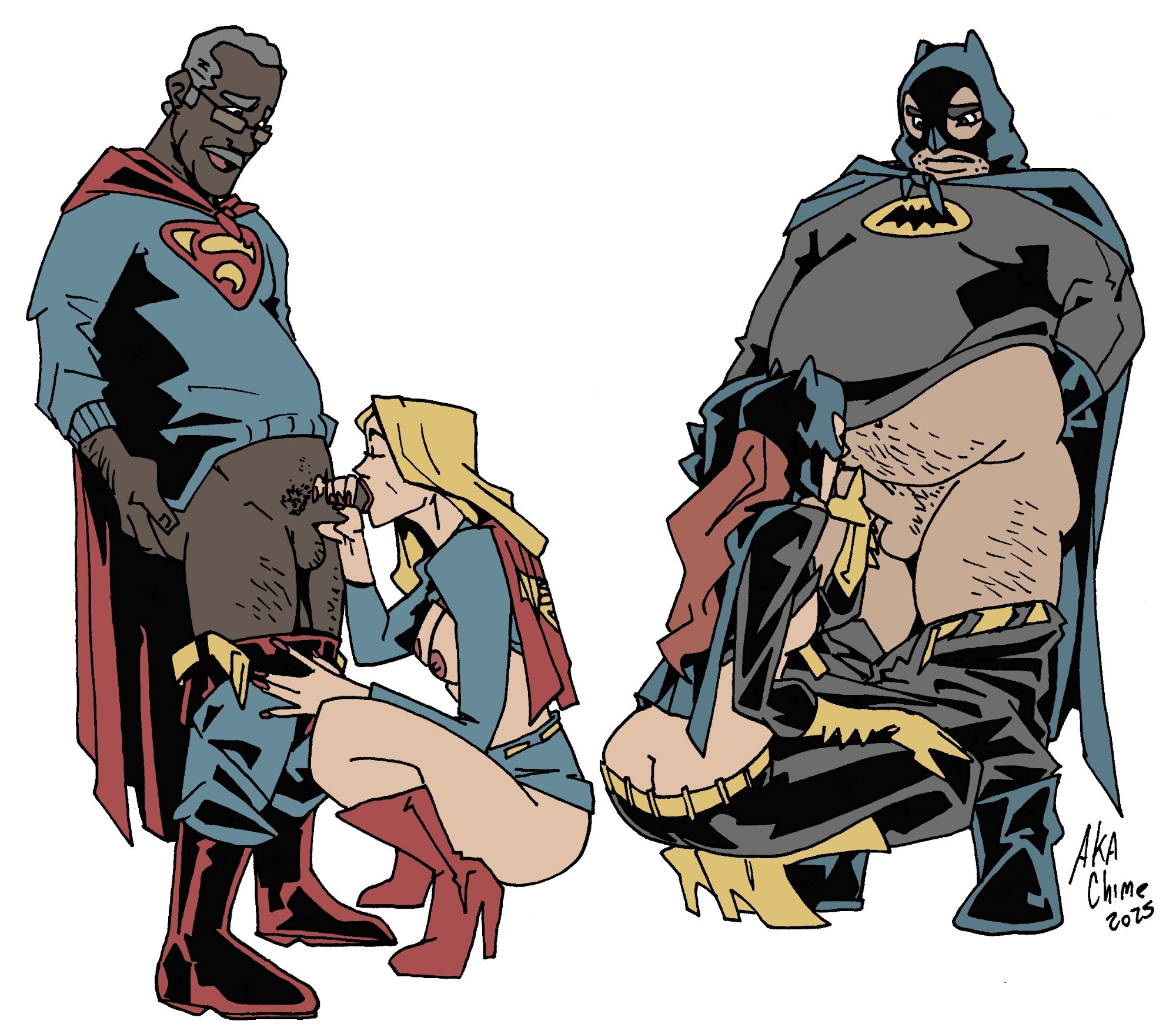 2025, 2boys, 2d, 2girls, akachime, ass, athletic, athletic female, barbara gordon, batgirl, batman (cosplay), batman (series), blonde hair, blowjob, breasts, bubble butt, busty, dc, dc comics, erect penis, erection, fat male, fellatio, female, hourglass figure, kara zor-el, long hair, male, medium breasts, older male, penis, penis out, red hair, squatting, supergirl, superman (cosplay), superman (series), tagme, wide hips, younger female