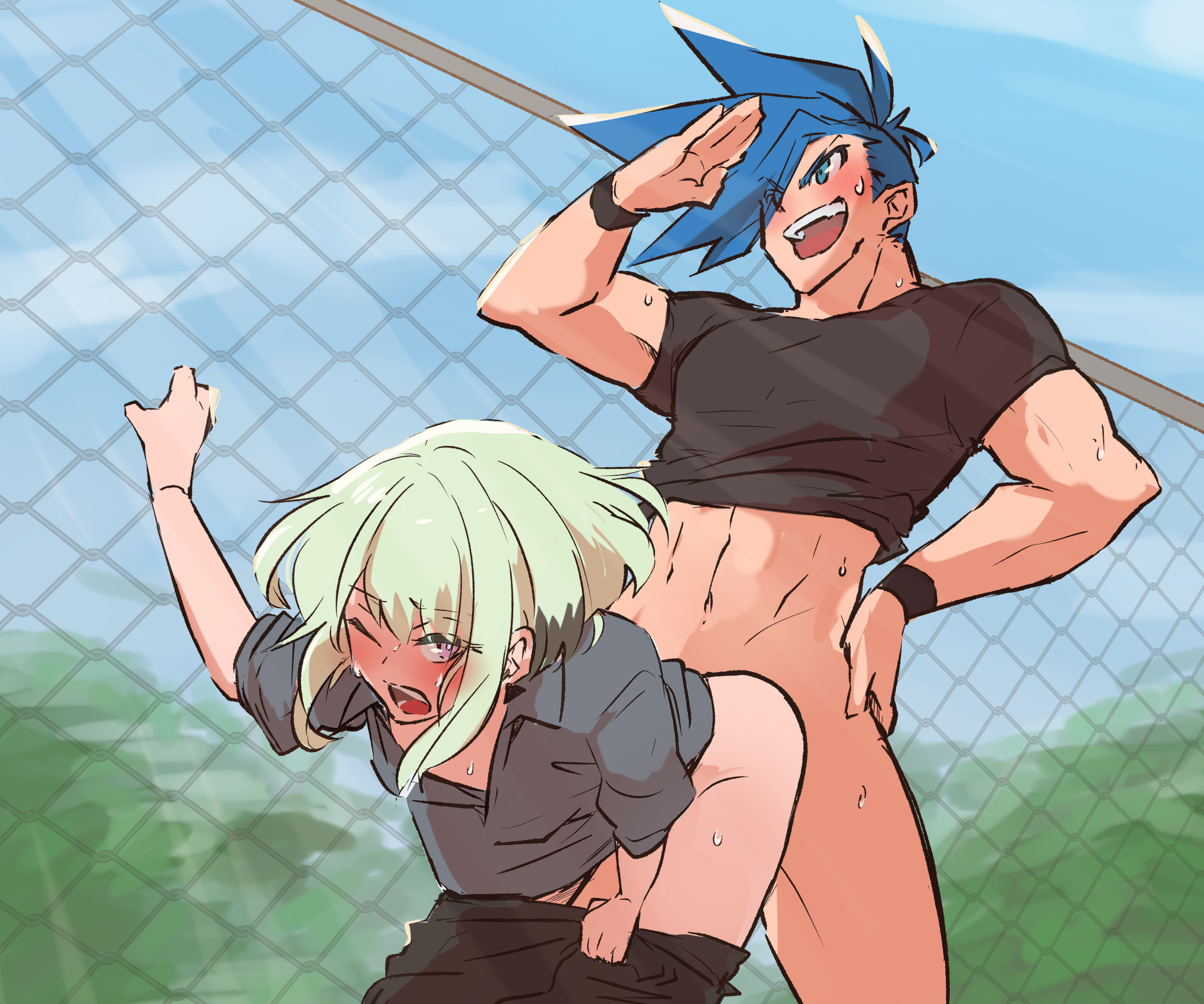 1femboy, 2boys, 2d, 2d (artwork), anal, anal penetration, anal sex, androgynous, aus vaka, blonde hair, blush, blushing, bob cut, bottomless, clothing, femboy, femboy penetrated, femboysub, feminine faced male, feminine male, galo thymos, gay, gay sex, lio fotia, male, nervous, outdoor sex, outdoors, petite, petite body, petite male, promare, public sex, short hair, short male, size difference, slim, slim male, slim waist, thin waist, twink, yaoi