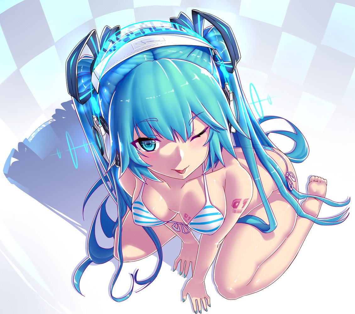 1girls ;p all_fours aqua_eyes aqua_hair bikini blue_eyes blue_hair blue_nails blush breasts dev feet female hatsune_miku headphones long_hair looking_at_viewer nail_polish naughty one_eye_closed shiny_skin sitting smile striped_bikini swimsuit tattoo tied_hair tongue twintails very_long_hair vocaloid wariza wink