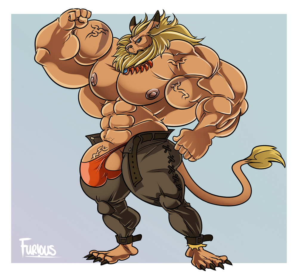 abs anthro balls belt biceps blue_eyes brown_fur bulge claws clothed clothing digimon ear_piercing feline fur furious_(artist) half-dressed hyper hyper_muscles leomon lion male male_only mammal muscular necklace nipples open_pants pants pecs penis piercing solo standing toe_claws topless underwear vein