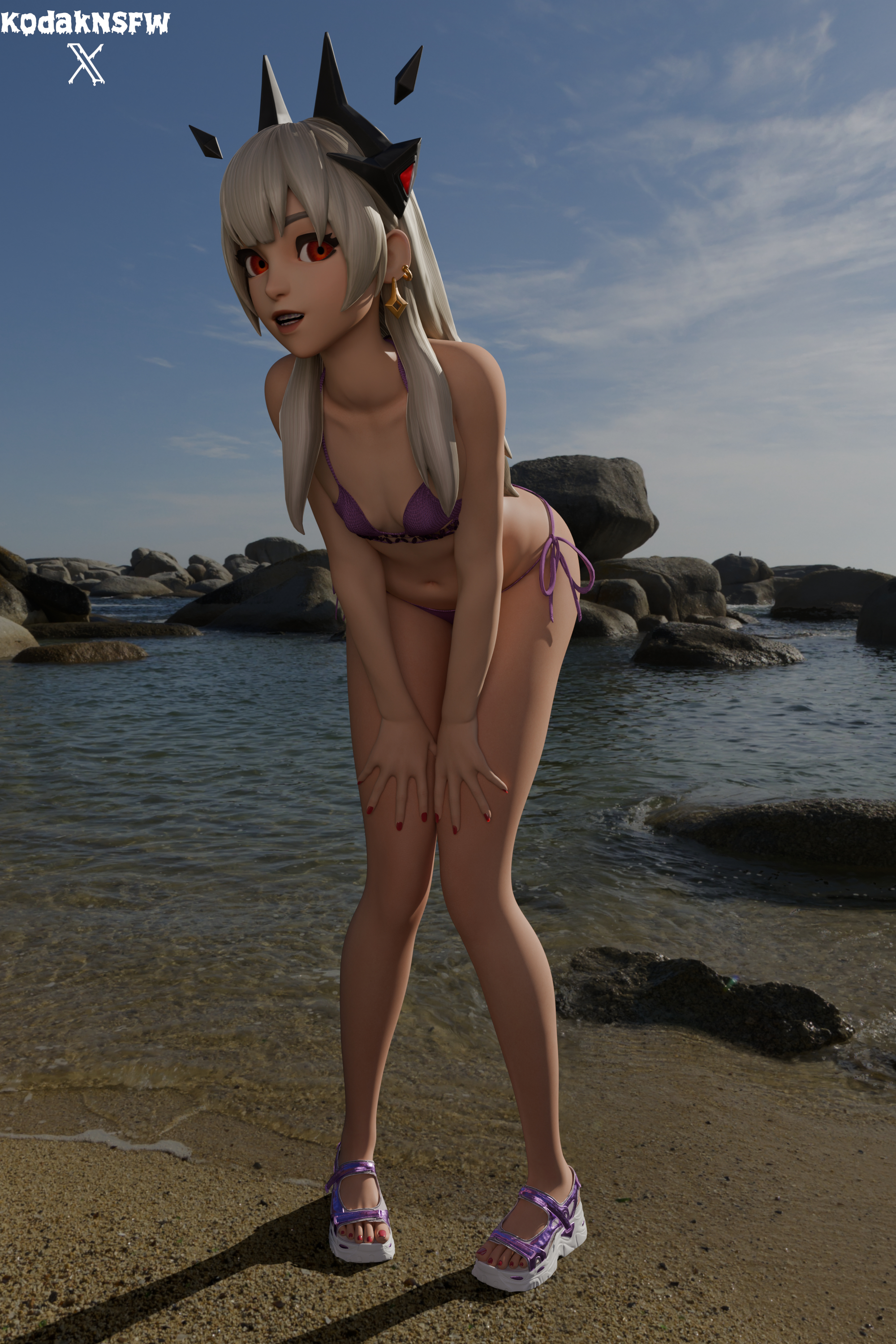 bathing suit, beach, bikini, braces, epic games, feet, fortnite, fortnite: battle royale, lexa (fortnite), looking at viewer, oathbound lexa (fortnite), outdoors, princess lexa (fortnite), sandals, sports sandals, voyeurism