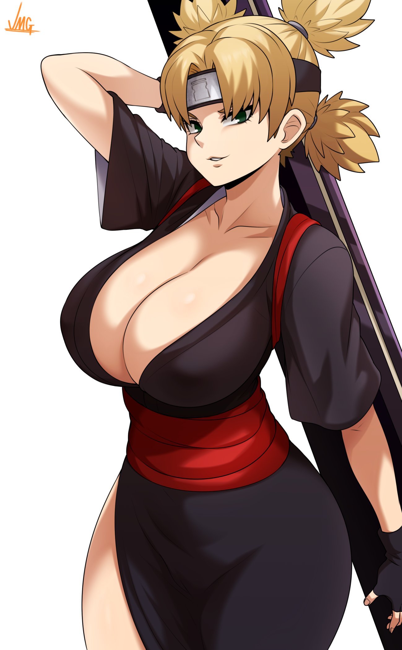 1girls, absurd res, absurd resolution, absurdres, arms behind head, arms up, bangs, bare legs, bare thighs, bbw, bedroom eyes, belt, big breasts, black clothing, black dress, black gloves, black kimono, black yukata, blonde hair, busty, canon costume, canonical outfit, child bearing hips, cleavage, curvaceous, curvaceous female, curvaceous figure, curves, curvy, curvy body, curvy female, curvy figure, curvy hips, dress, eyelashes, fan, female, female focus, female only, fingerless gloves, forehead protector, gloves, green eyes, hair ribbon, headband, hi res, high resolution, highres, hips, hips wider than shoulders, holding object, holding weapon, hourglass figure, huge breasts, inner sideboob, jmg, kimono, large breasts, light skin, light-skinned female, long dress, looking at viewer, mommy, mommy kink, naruto, naruto (series), naruto shippuden, no bra, oppai, pale skin, pale-skinned female, parted lips, pigtails, pinup, pose, posing, ribbon, shonen jump, shounen jump, shueisha, smile, smiling, smiling at viewer, solo, solo female, solo focus, standing, sunagakure symbol, teen, teen girl, teenage, teenage female, teenage girl, temari, temari (naruto), venus body, very high resolution, voluptuous, voluptuous body, voluptuous female, weekly shonen jump, weekly shounen jump, white background, wide hips, yellow hair, yukata