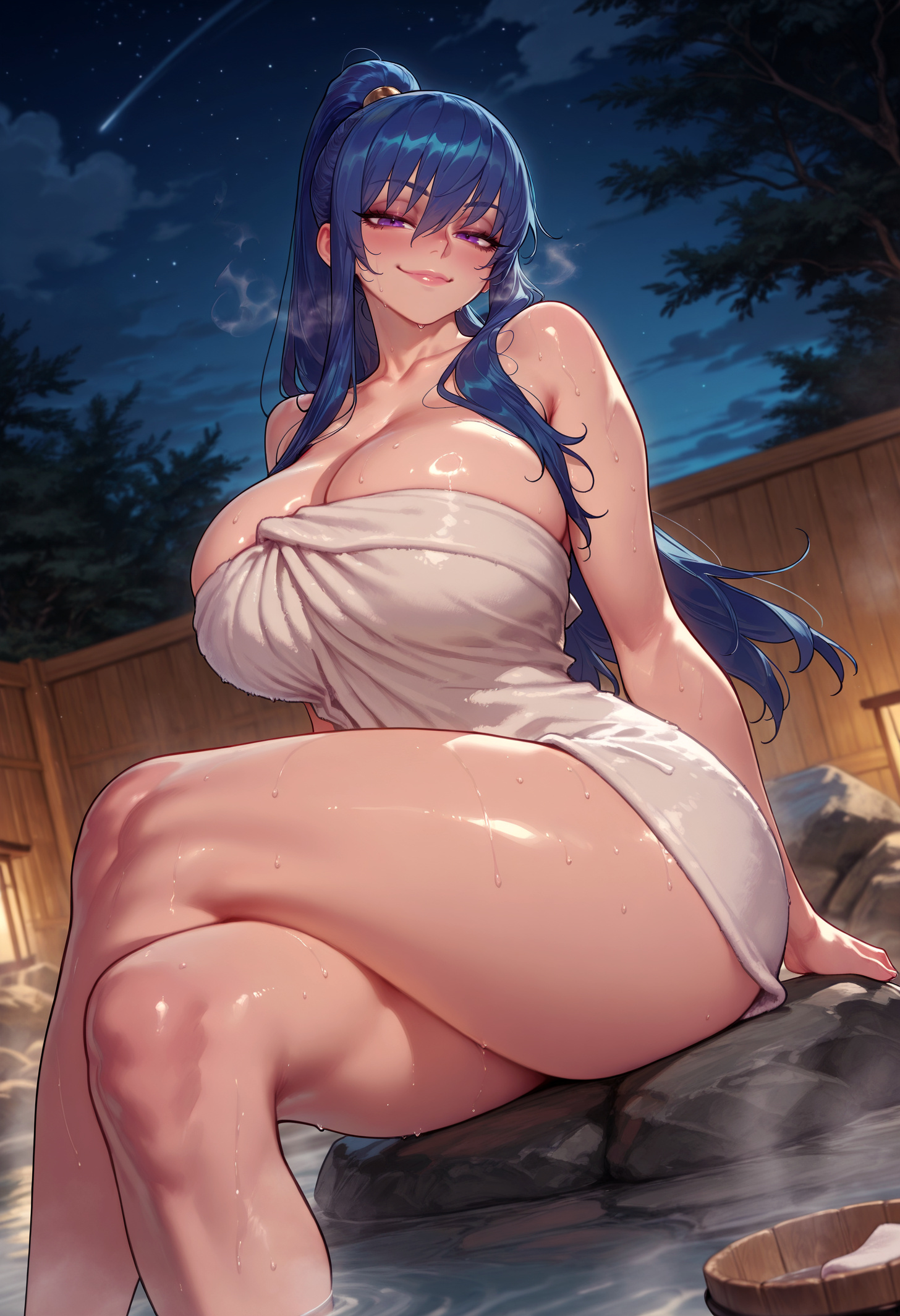 1girl, 1girls, ai generated, akiyama rinko, arm support, balecxi, bangs, bare shoulders, bathing, blue hair, blush, breasts, bucket, clavicle, cleavage, closed mouth, collarbone, crossed legs, curvaceous, curvaceous female, curvaceous figure, curvy, curvy figure, female, female focus, female only, from below, hair between eyes, huge breasts, inviting, inviting to sex, lantern, large breasts, lips, long hair, looking at viewer, moon, naked towel, night, night sky, onsen, outdoors, partially submerged, ponytail, presenting, presenting ass, presenting breasts, presenting hindquarters, presenting self, purple eyes, rock, seductive, seductive look, seductive smile, shiny skin, shooting star, sidelocks, sitting, sky, smile, soaking feet, solo, star (sky), starry sky, steam, taimanin (series), taimanin asagi, taimanin rpgx, taimanin yukikaze, thick thighs, thighs, towel, tree, voluptuous, voluptuous female, water, wet, white towel, wooden bucket