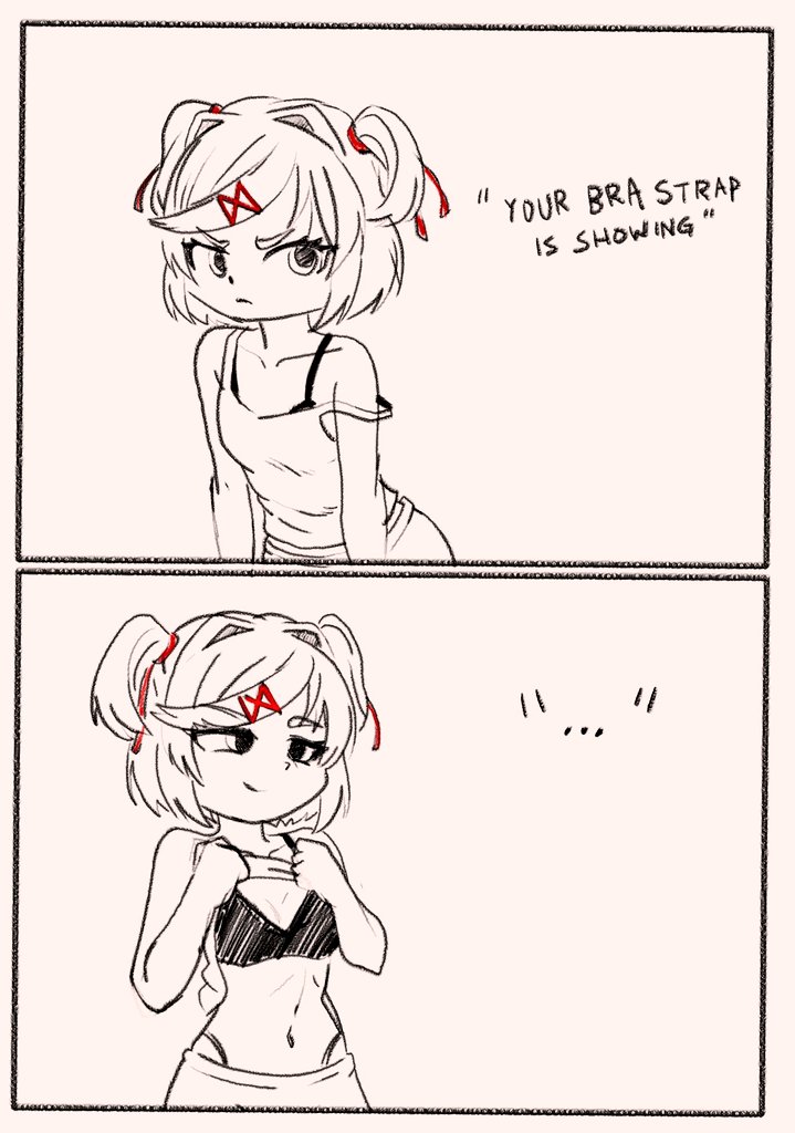 2d, 2d (artwork), 2d artwork, bob cut, bra, bra strap is showing (meme), chibi, cute, doki doki literature club, english text, flashing, flashing breasts, jpg, lifting shirt, meme, monochrome, natsuki (doki doki literature club), pigtails, pink hair, projektxi01, questionable, short hair, showing breasts, smirk, smirking, text, tsundere, twitter link, wholesome, x hair ornament