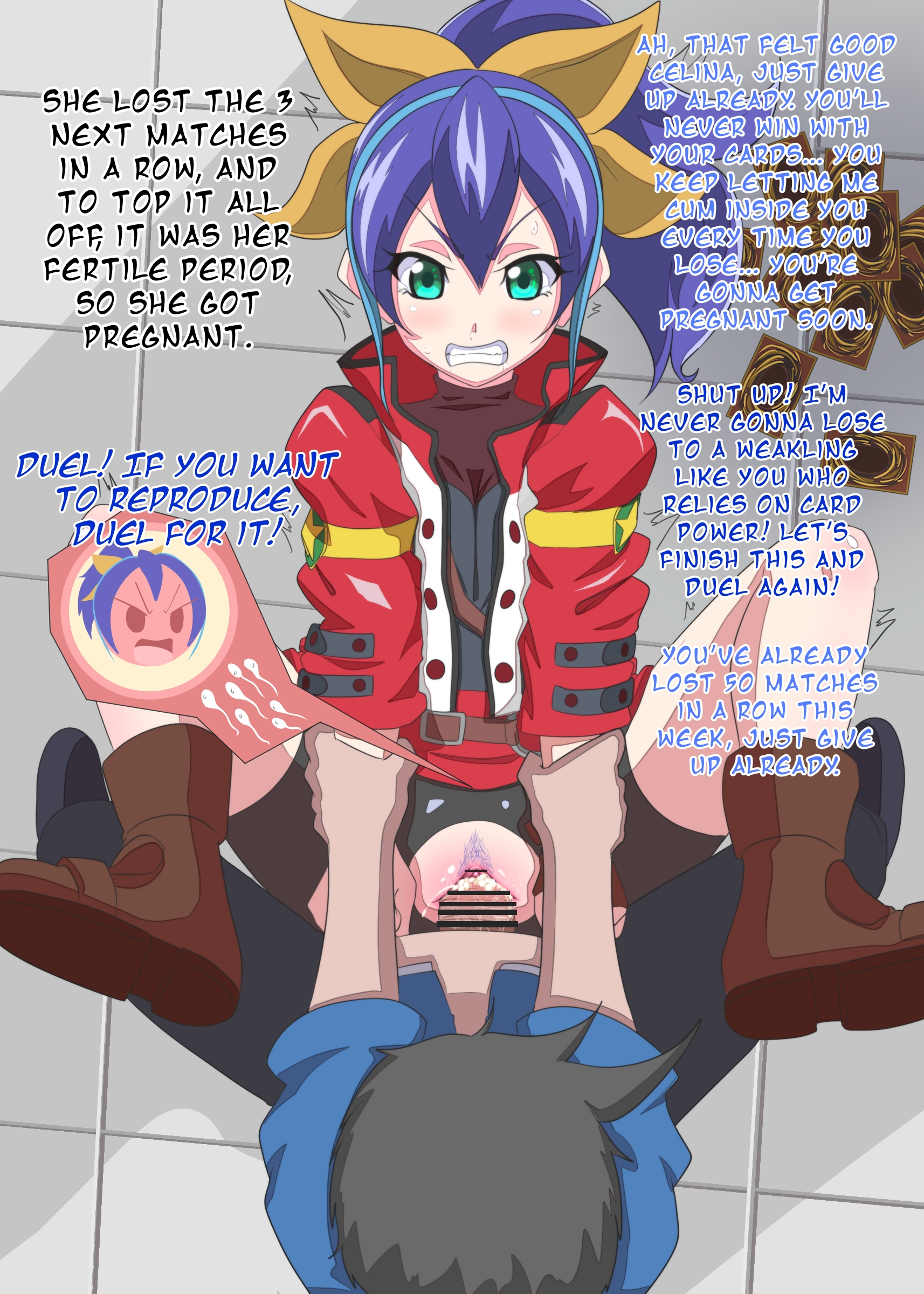 1boy, 1boy1girl, 1girl, 1girls, accidental impregnation, angry, angry expression, angry face, arm grab, arm pull missionary, arrogant, blue hair, card, celina, clothed sex, clothing, cum, cum in pussy, cum inside, cyan eyes, defeat sex, dialogue, duel, duel monster, english, english text, female, fertilization, green eyes, holding arm, impregnation, impregnation risk, jacket, long hair, losing bet, lost bet, missionary position, nom (pixiv), on the floor, on the ground, ovum, ovum with face, penetration, penis, pussy, reward sex, serena (yu-gi-oh! arc-v), sexually ignorant, sperm, sperm cell, sperm meets ovum, spread legs, text, torn pantyhose, unfazed by impregnation, unwanted impregnation, vaginal penetration, x-ray, yu-gi-oh!, yu-gi-oh! arc-v