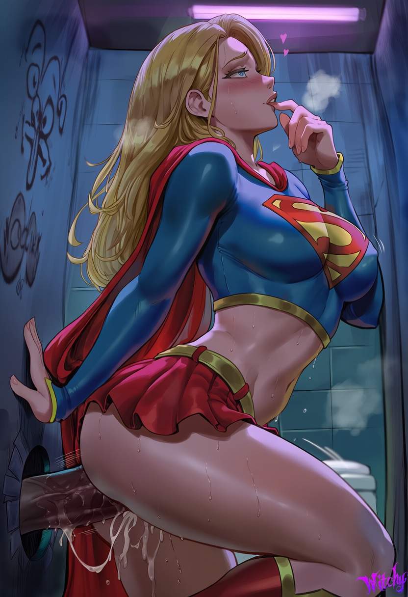 1girls, ai generated, bathroom, bathroom sex, bathroom stall, big breasts, blonde hair, blue clothing, blue eyes, cape, cum, curvy, dc comics, dirty, female, female focus, finger on lip, glory hole, hands on wall, interracial, lipstick, long hair, long legs, looking pleasured, medium breasts, one eye closed, penetration, short skirt, standing sex, supergirl, superheroine, superman (series), teenager, thick, uncensored, upper body, waifu, wide hips, witchy