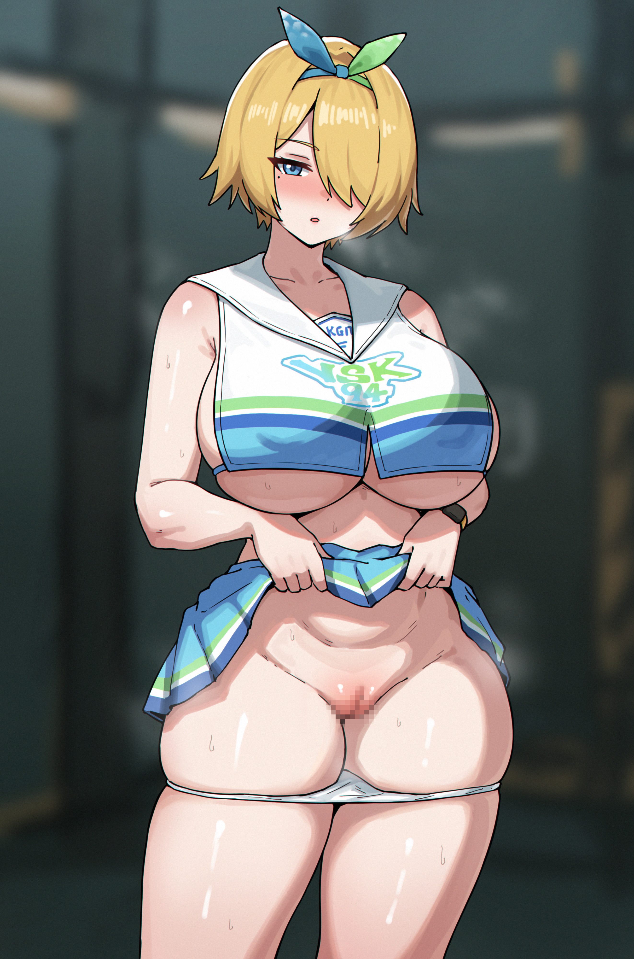 1girls, alternate version at source, alternate version available, bibita (zee s), big breasts, blonde hair, blue eyes, blush, breasts, censored, cheerleader uniform, feet out of frame, female, female only, girls' frontline, girls' frontline 2: exilium, groin, hairband, large breasts, lifted by self, looking at viewer, mole, mole under eye, mosaic censoring, nikketa (girls' frontline 2), panties, panties down, pussy, short hair, skirt, skirt lift, skirt lifted by self, steam, steaming body, sweat, sweatdrop, underboob, vsk-94 (dance like the blazing sun) (girls' frontline), vsk-94 (girls' frontline)