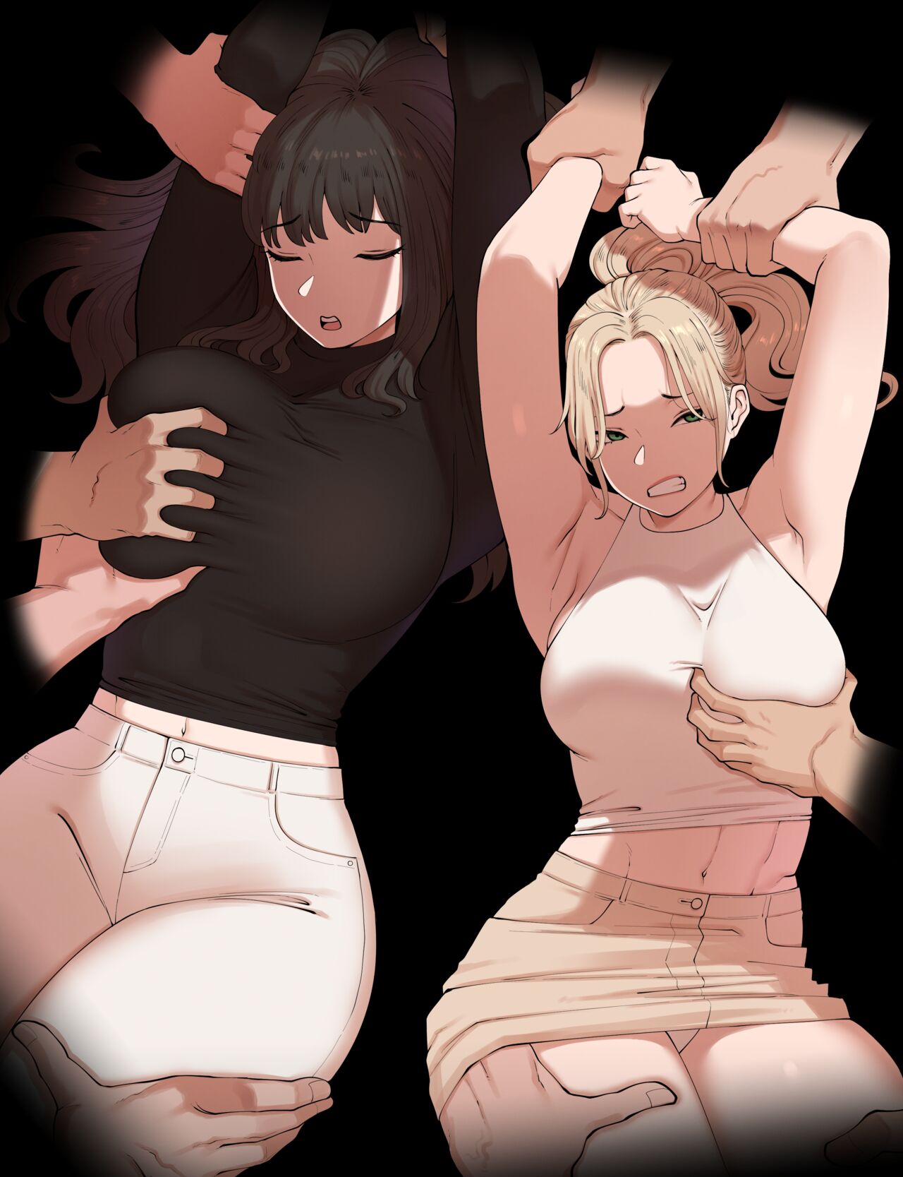 2girls abbb big_breasts black_background black_hair black_shirt blonde_hair breast_grab breasts closed_eyes grabbing grabbing_another&#039;s_breast grabbing_breast green_eyes groping hand_in_skirt long_hair long_sleeves navel open_mouth original original_characters panties pantyshot ponytail restrained simple_background skirt underwear white_panties white_pants