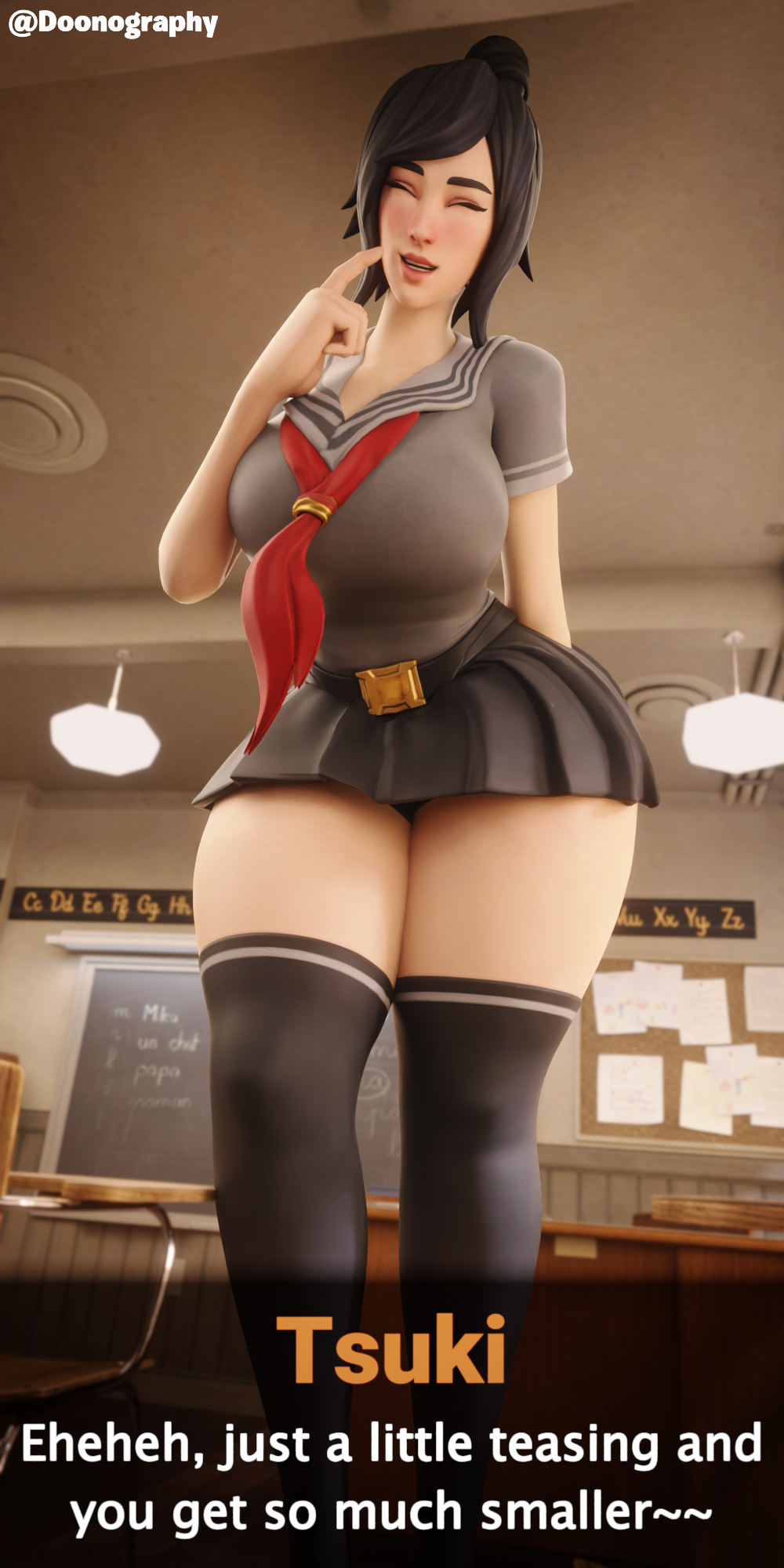 3d black_hair blender breasts cleavage dialogue dialogue_box doonography female female_focus female_only fortnite fortnite:_battle_royale giantess growth looking_at_viewer school_uniform schoolgirl sequence short_skirt skirt talking_to_viewer teasing text thick_thighs thighhighs thighs tsuki_(fortnite) watermark