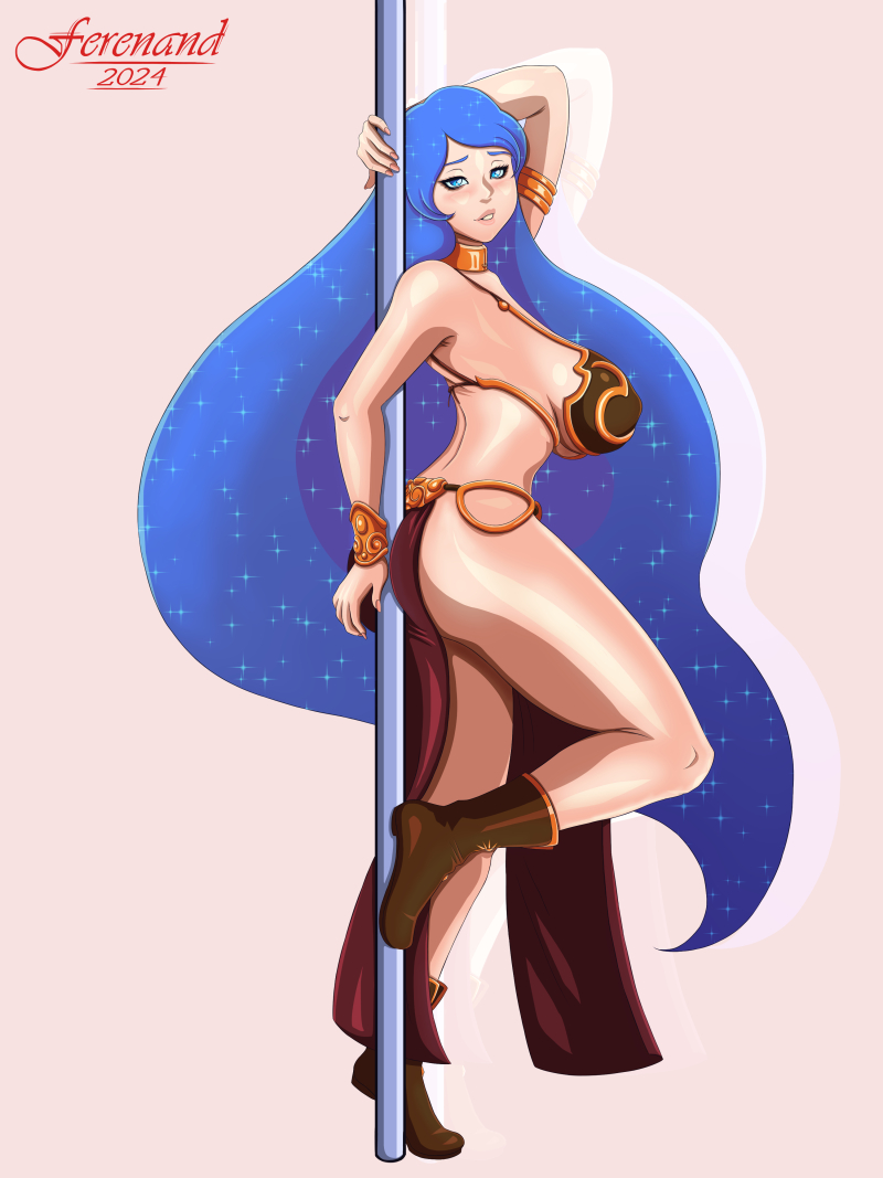 belly_dancer belly_dancer_outfit blue_hair boots harem_girl harem_outfit huge_breasts loincloth long_hair original original_character pole pole_dancing rururere slave slave_bikini slave_collar slave_leia_(cosplay) slave_outfit slavegirl stripper_pole voluptuous