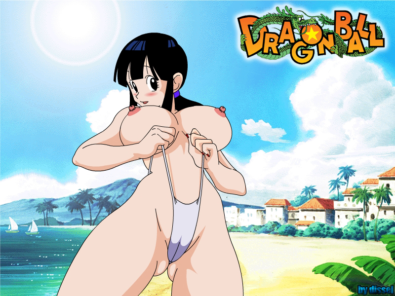 1girls, areola, ass visible through thighs, bangs, beach, between labia, bikini, black hair, blush, breasts, breasts exposed, cameltoe, chichi, detailed background, dissel, dragon ball, erect nipples, female, female only, huge breasts, innie pussy, milf, nipples, no bra, open mouth, outdoors, panty pull, ponytail, pussy, seaside, solo, tied hair, topless