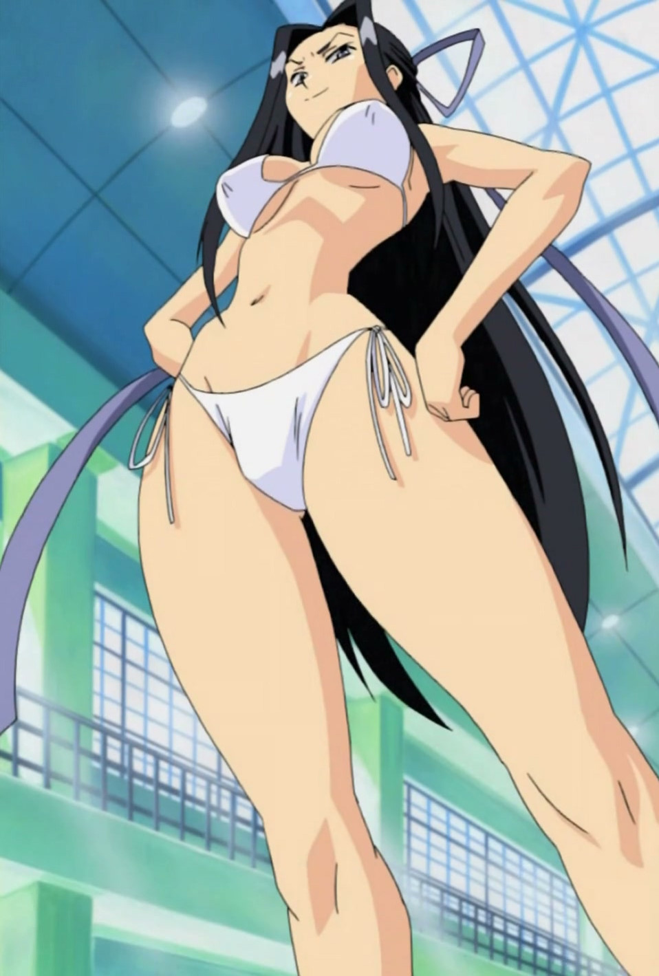 1girls armpits barefoot big_breasts bikini black_hair breasts busty confident covered_erect_nipples feet female female_only forehead from_below full_body half-closed_eyes hands_on_hips higashikazuno_miya highres koi_koi_7 large_breasts legs long_hair navel pool pose posing seductive_smile sensual side-tie_bikini_bottom smile solo stitched swimsuit third-party_edit untied_bikini very_long_hair voluptuous white_bikini