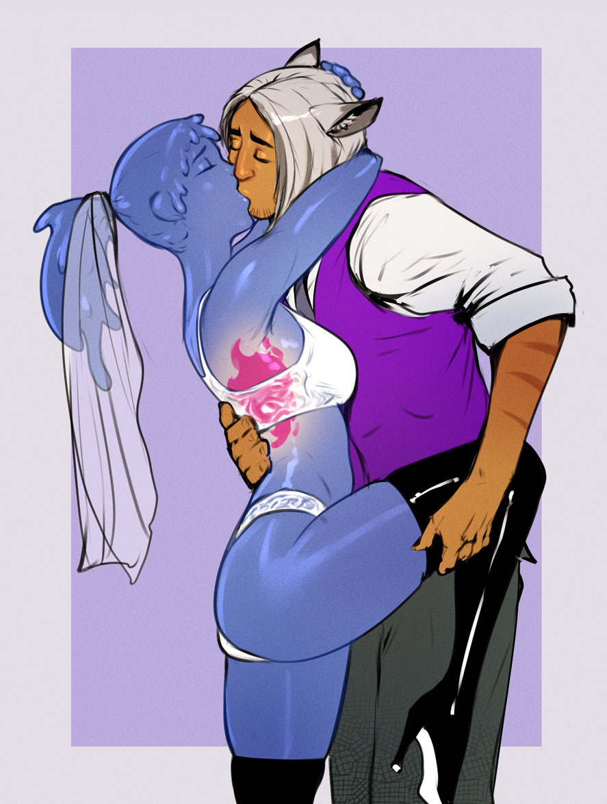 1boy, 1girls, blue body, blue hair, blue skin, bra, female, haruko (character), izra, kissing, koshi (character), male, monster girl, original, original character, original characters, panties, ponytail, slime, slime girl