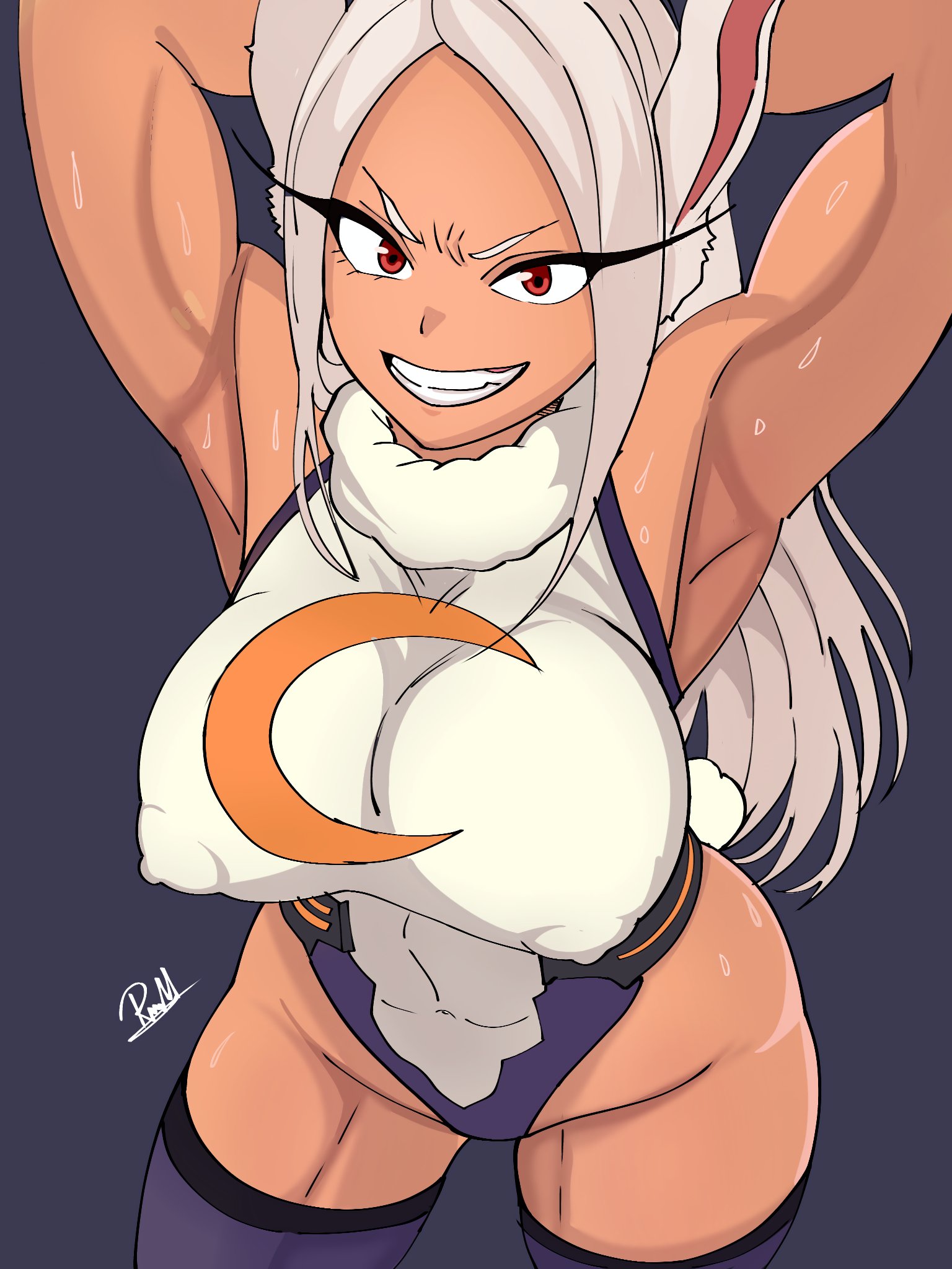 1girls, animal ears, animal tail, armpits, big breasts, breast focus, breasts, bunny ears, bunny tail, erect nipples, female, female only, hair, hands behind head, huge breasts, legwear, leotard, long hair, miruko, muscular, muscular female, my hero academia, nipple bulge, nipples, red eyes, rumi usagiyama, ryukman, smile, solo, solo female, superheroine, sweat, sweatdrop, tail, thick thighs, thighs, white hair