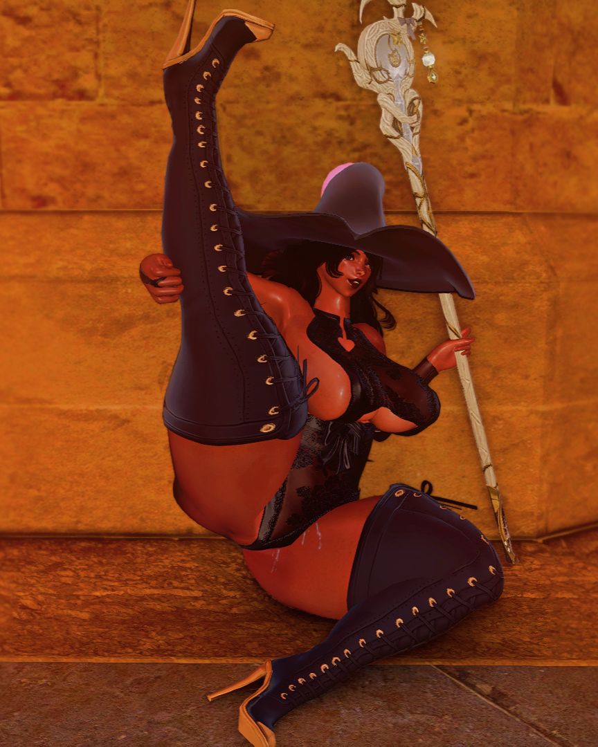 1girls big_ass big_breasts boots dark-skinned_female dark_lipstick dark_skin female female_focus female_only final_fantasy final_fantasy_xiv gpose(ffxiv) heel_boots heels leg_grab legs_apart leotard lipstick rosalynn_xiv thick_thighs thighs time_stop viera wet witch witch_hat