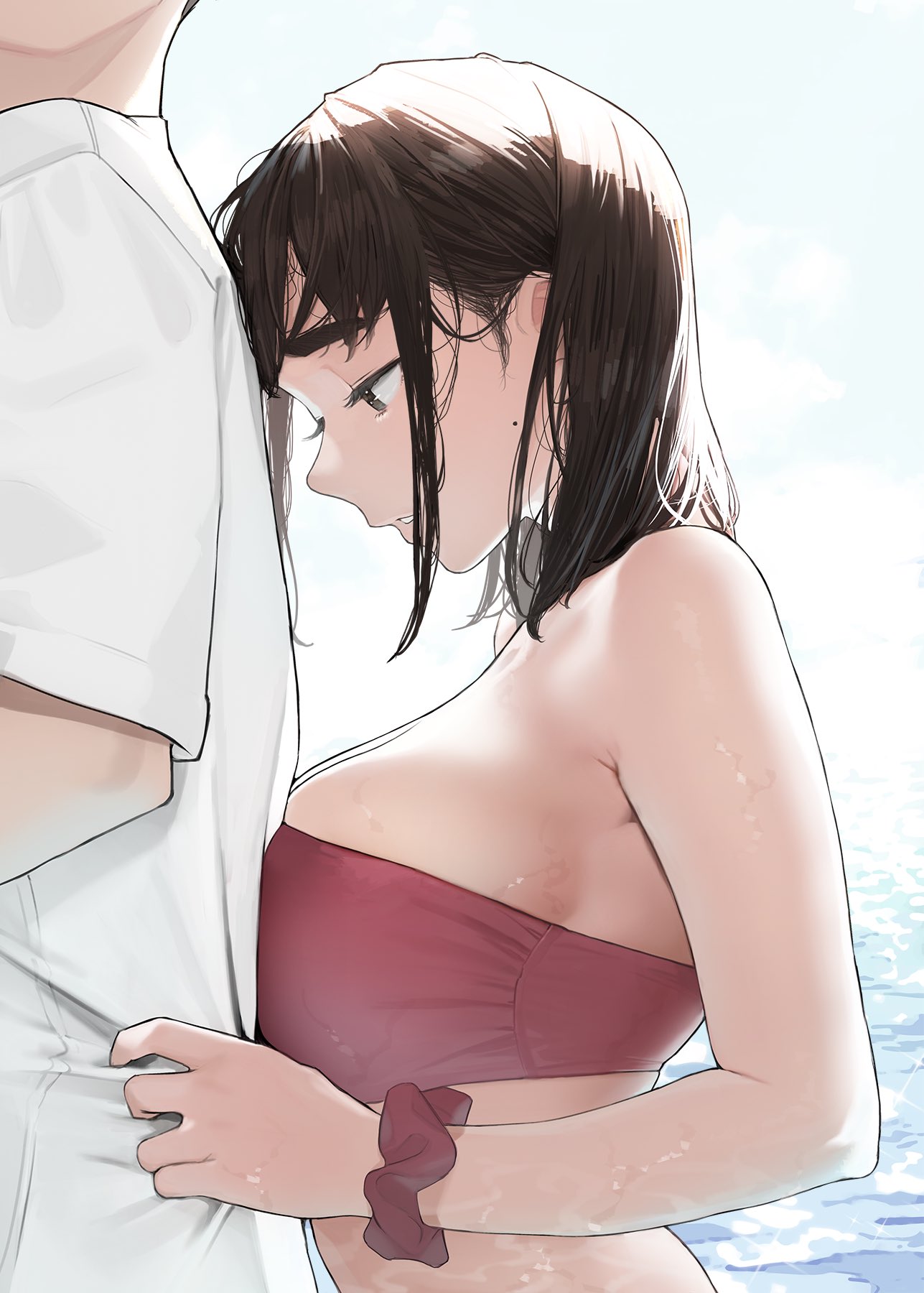 big breasts, bra, breasts, bushy eyebrows, curvy figure, dark hair, female, female only, full body, half naked, half-dressed, light skin, light-skinned female, looking at viewer, mole on face, panties, shiny skin, short hair, simple background, smile, solo, solo female, yomu (sgt epper)