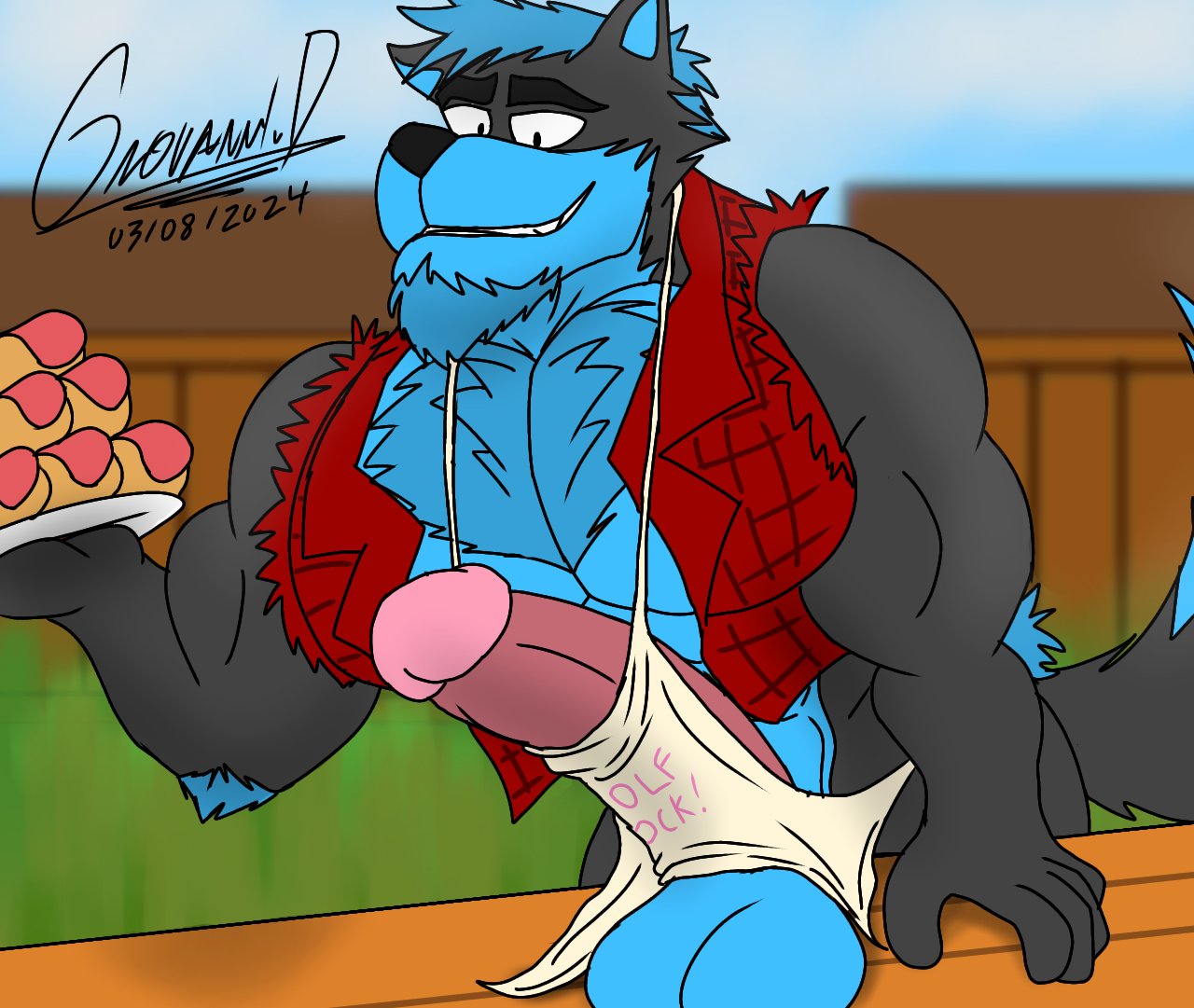 apron barbeque bbq big_cock big_penis blue_fur cock_hanging daytime flanel_shirt giovannidrawing gray_fur hot_dog muscles pecs pectorals sleeveless sleeveless_shirt tail wolf wooden_fence