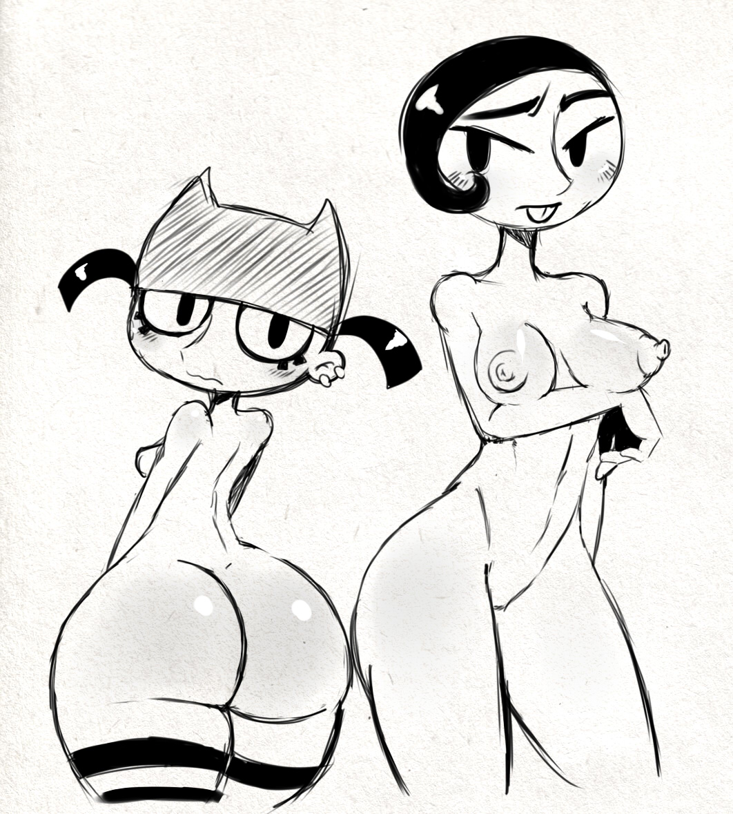 2girls, areola, ass, back view, big ass, black hair, blush, body blush, bottom heavy, breasts, brit crust, buckteeth, duo, ear piercing, eyelashes, female, female only, hourglass figure, huge ass, human, large breasts, looking back, mob face, monochrome, multiple females, multiple girls, my life as a teenage robot, narrow shoulders, nickelodeon, nipples, nude, puffy nipples, short hair, sideboob, sketch, small breasts, sssonic2, standing, striped, striped legwear, teenager, thighhighs, thin arms, thin waist, tied hair, tiff crust, twintails, wide hips, young, younger female