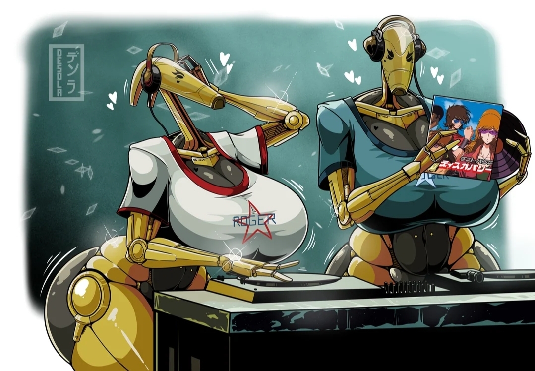2girls, ass, b1 battle droid, battle droid, belly, belly button, belly button piercing, big ass, big breasts, boobs bigger than head, breasts, desola, dj, dj battle droid, droid (star wars), fat ass, female, headphones, heart symbol, movement lines, robot, robot girl, shiny butt, shiny skin, shirt, shirt only, simple background, star wars, tagme, thick thighs, watermark