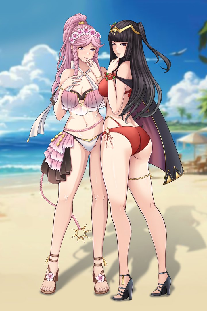 2024 2girls alternate_costume ass beach big_ass black_hair breasts female female_only fire_emblem fire_emblem_awakening fire_emblem_heroes high_heels hime_cut huge_ass large_ass large_breasts light-skinned_female light_skin long_hair looking_at_viewer looking_back navel nintendo nirainini olivia_(fire_emblem) pink_eyes pink_hair ponytail sand sea swimsuit tharja_(fire_emblem)