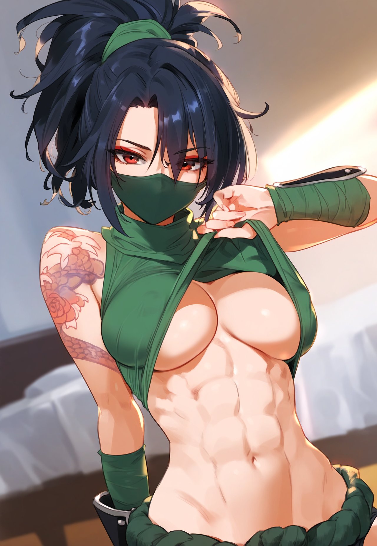 1female 1girls 1woman ai_generated akali baker_arts breasts facemask female female_torso flashing flashing_at_viewer flashing_breasts league_of_legends mask midriff nipples_visible_through_clothing red_eyes riot_games six_pack solo solo_female tattoo tattoos toned toned_female