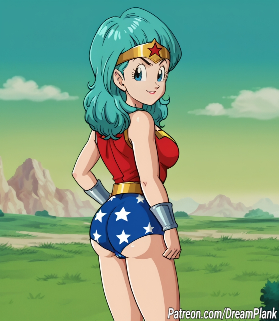 1girls ai_generated ass ass_focus bulma_briefs cosplay dragon_ball_z dreamplank large_breasts long_hair outdoors solo wonder_woman_(cosplay)