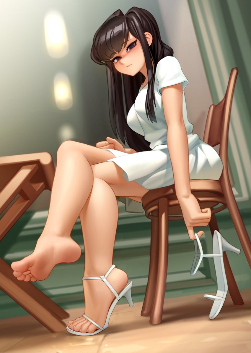 absurdres bare_arms bare_legs barefoot breasts brown_hair closed_mouth commentary crossed_legs dress dutch_angle english_commentary feet female foot_focus foreshortening from_below from_side full_body high_heels highres holding holding_shoes indoors kairuhentai kairunoburogu komi-san_wa_komyushou_desu komi_shouko long_hair looking_at_viewer looking_to_the_side medium_breasts on_chair purple_eyes sandals shoes short_sleeves single_sandal single_shoe sitting soles solo table toes unworn_sandals unworn_shoes white_dress wooden_chair