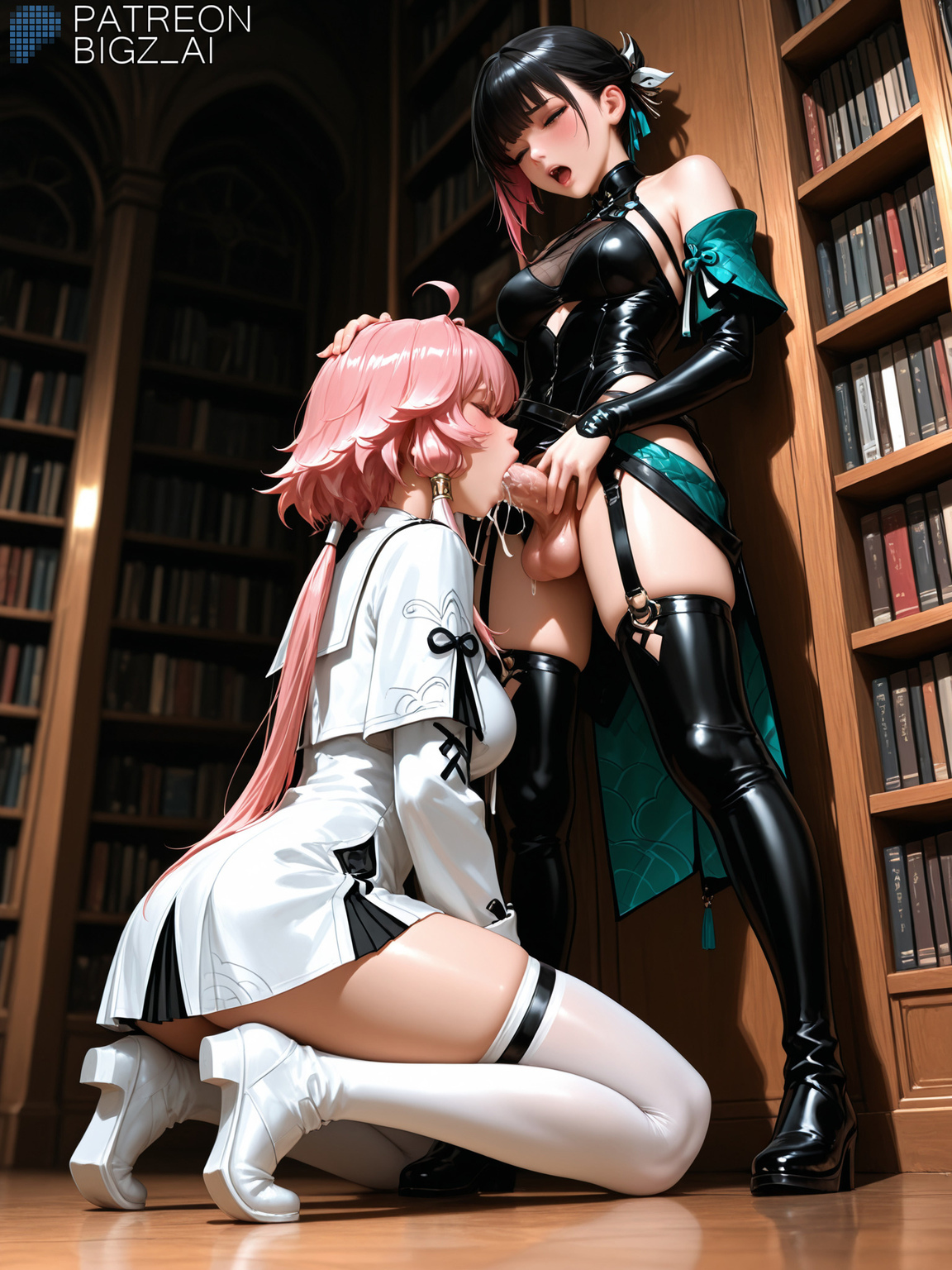 1futa, 1girls, 2girls, absurd res, ai generated, balls, big balls, big breasts, big penis, bigz ai, black hair, blowjob, breasts, changli (wuthering waves), clothed, clothing, cum, cum in mouth, cum inside, cumshot, curvaceous, curvy, curvy figure, dickgirl, fellatio, female, female rover (wuthering waves), futa on female, futa with female, futanari, hand on head, high resolution, highres, huge breasts, huge cock, intersex, kneeling, large breasts, large penis, library, light skin, light-skinned female, long hair, medium breasts, moaning, oral, oral sex, orgasm, penetration, penis, penis in mouth, penis under clothes, penis under dress, pink hair, rover (wuthering waves), sex, sucking, sucking penis, testicles, video games, wide hips, wuthering waves