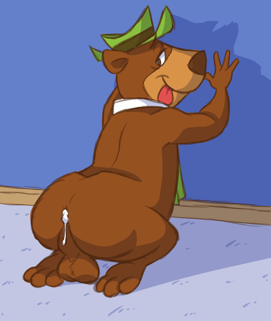 1boy anthro anthro_only anus ass balls bear big_butt brown_fur cum cum_in_ass cum_inside feet fur hanna-barbera hat ladysomnambule male male_only mammal necktie no_humans paws smile solo testicles tongue tongue_out yogi_bear yogi_bear_(character)